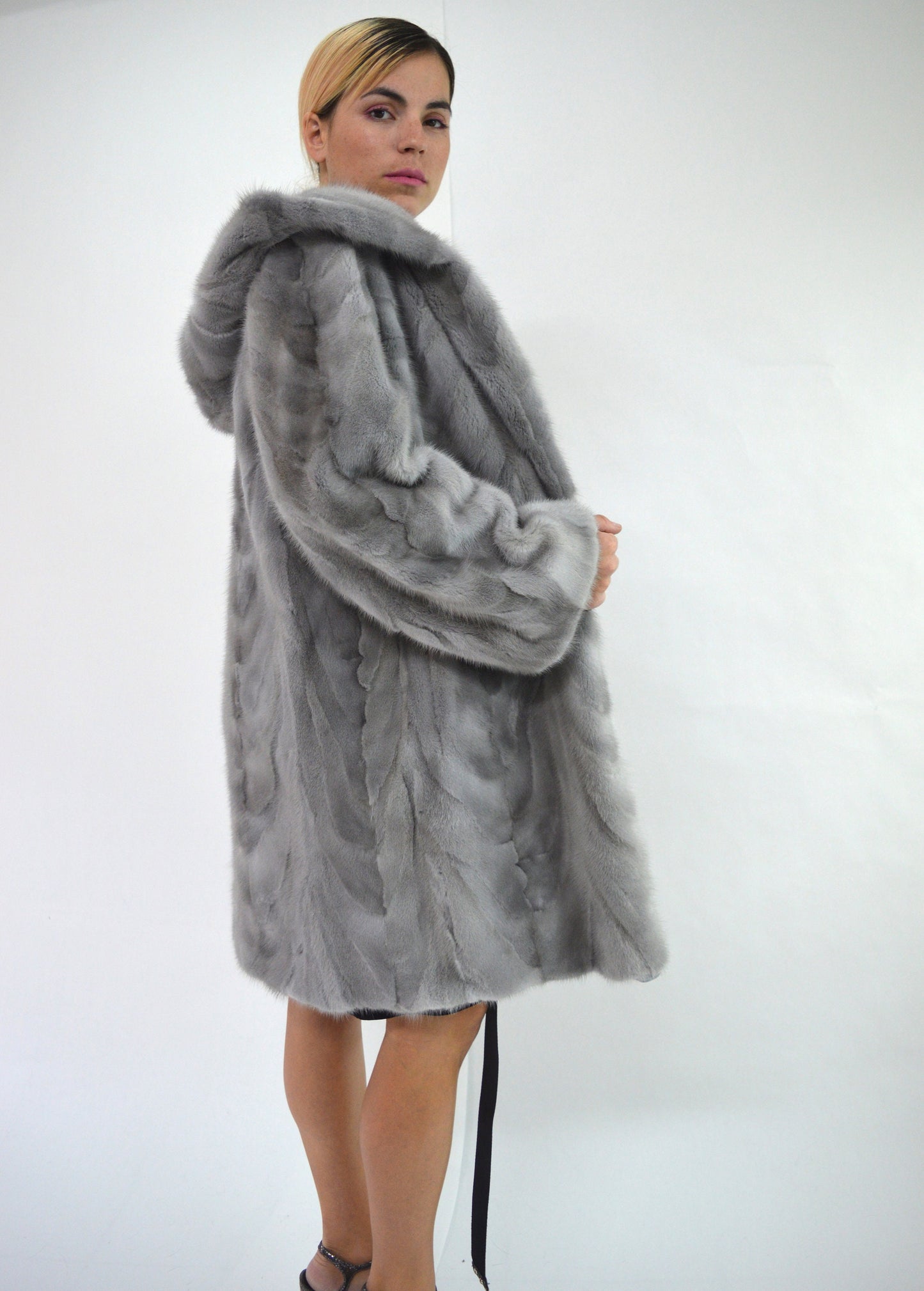 Sapphire Mink Fur Stroller Coat: Hooded Gray Mink Belted Jacket