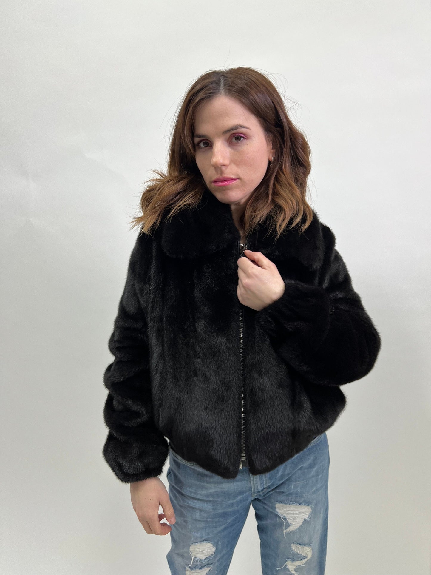 Real Mink Fur Velvet Bomber Jacket - Black, Big Collar