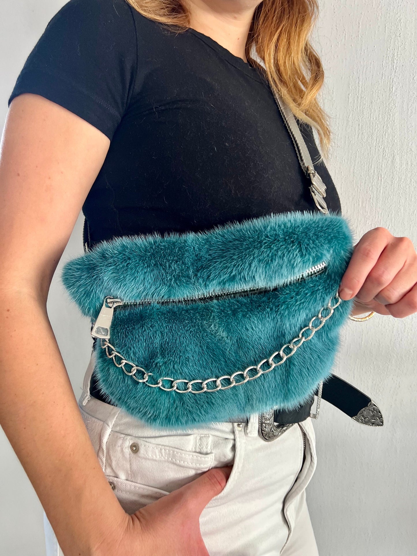 Real Mink Fur Bumbag: Petrol Fanny Pack with Chain