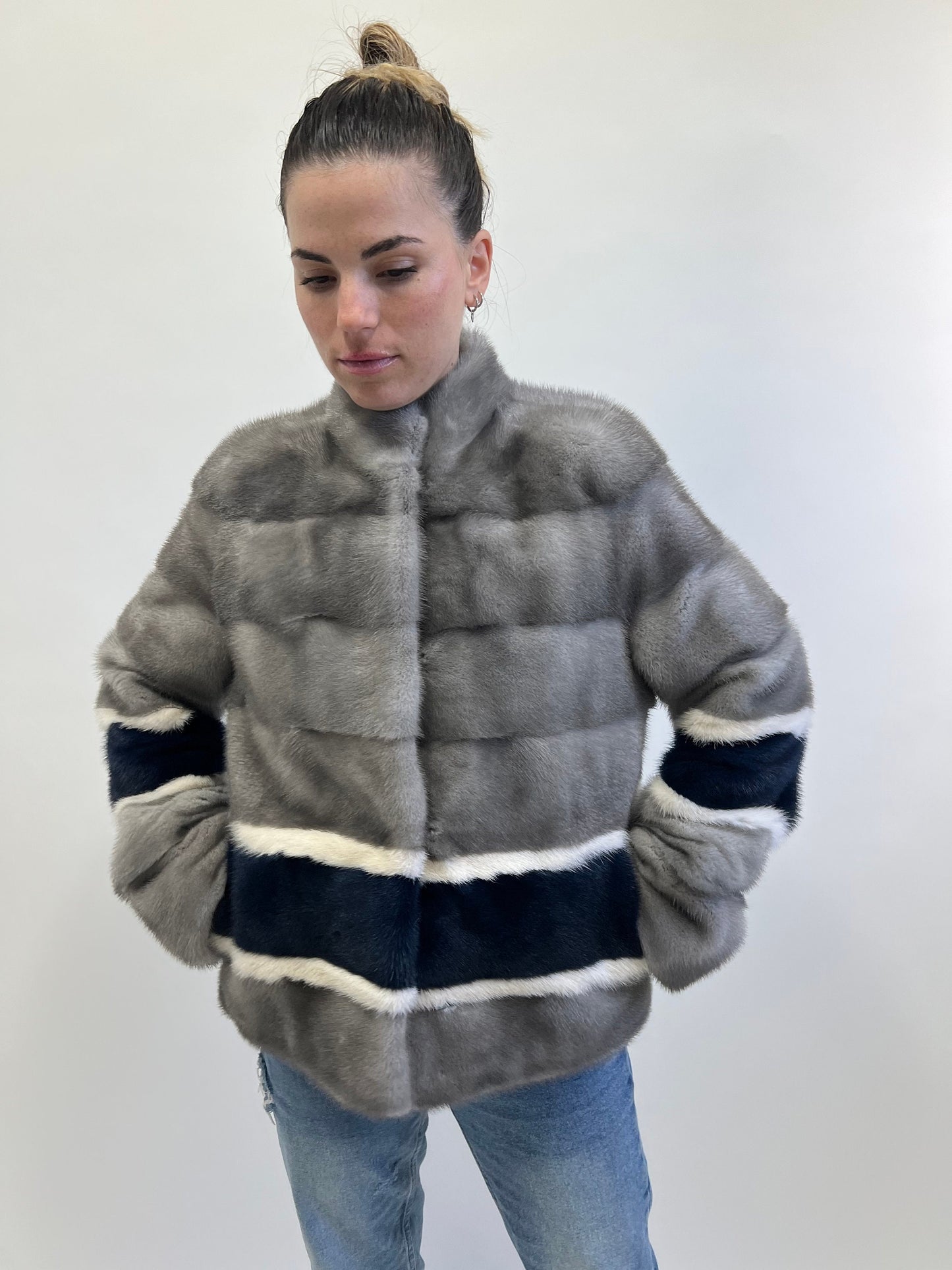Sapphire Mink Fur Jacket: Navy, White & Grey Modern Coat
