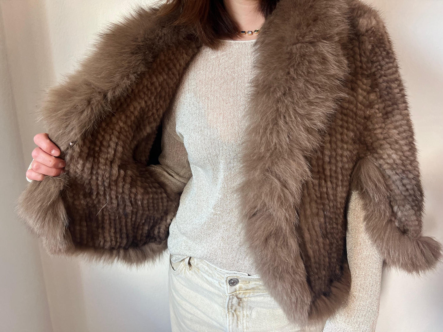 Handwoven Mink Cape with Fox Fur Trim - Taupe Poncho Jacket