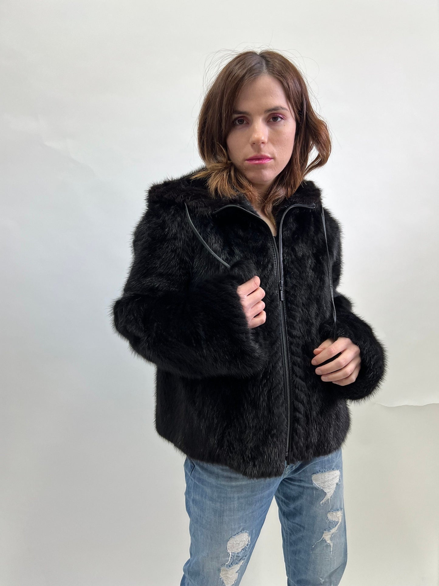 Real Mink Fur Hooded Bomber Jacket - Leather Trim, Size Medium