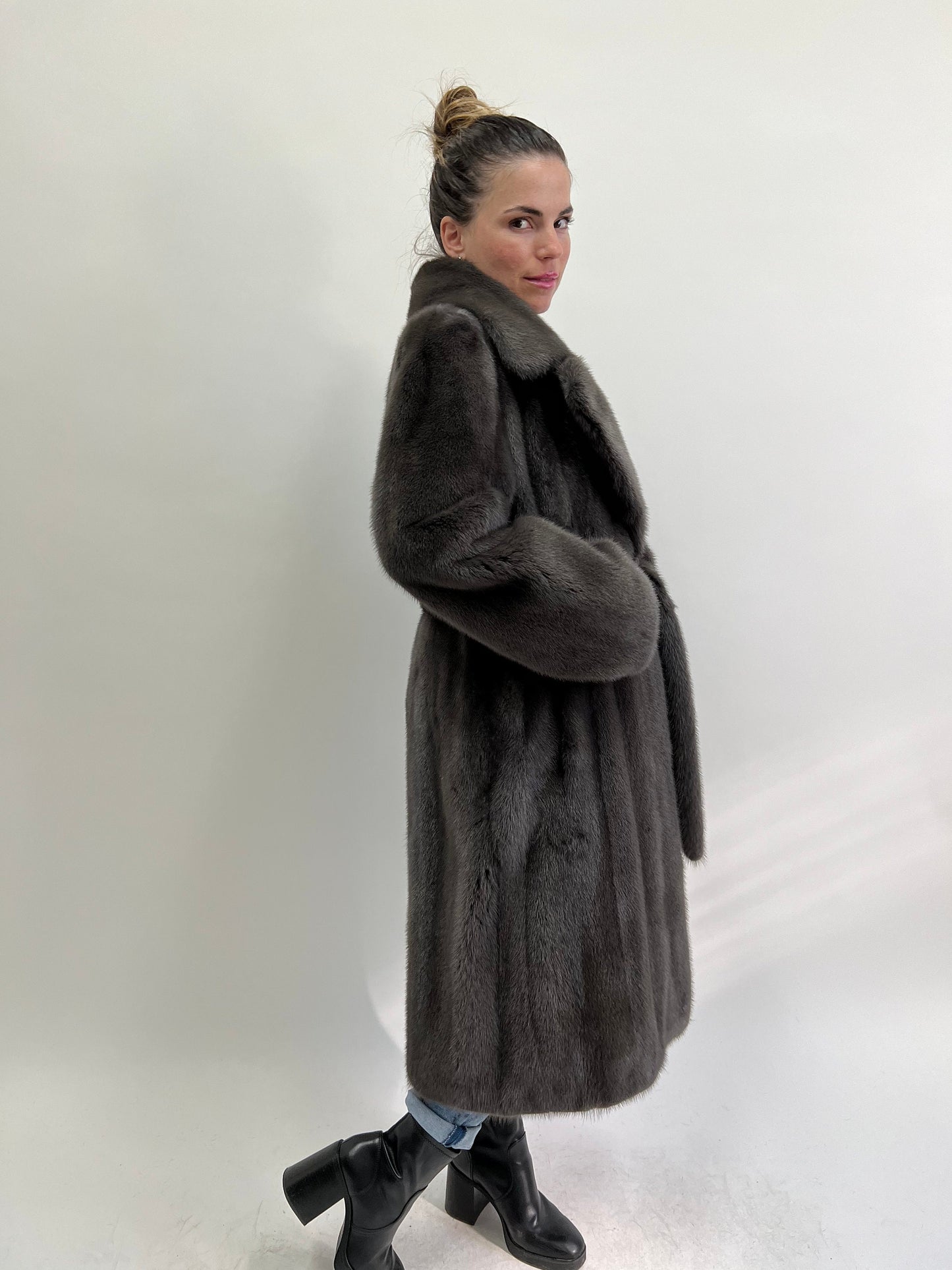 Real Graphite Mink Fur Long Coat: Belted Copenhagen Fur, Handmade