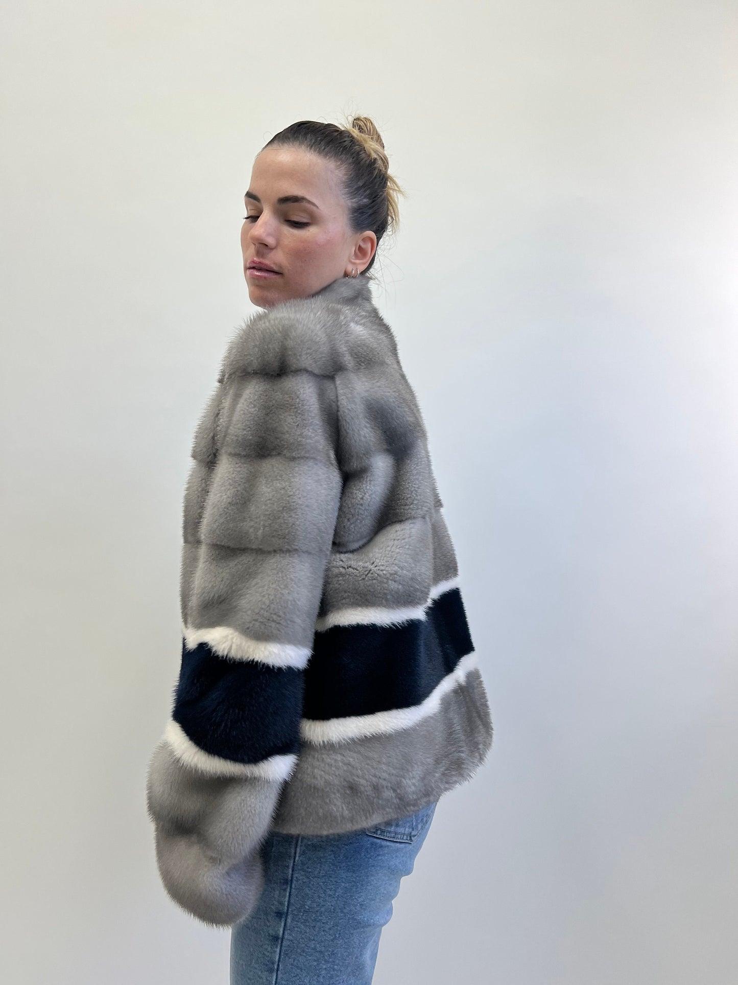 Sapphire Mink Fur Jacket: Navy, White & Grey Modern Coat
