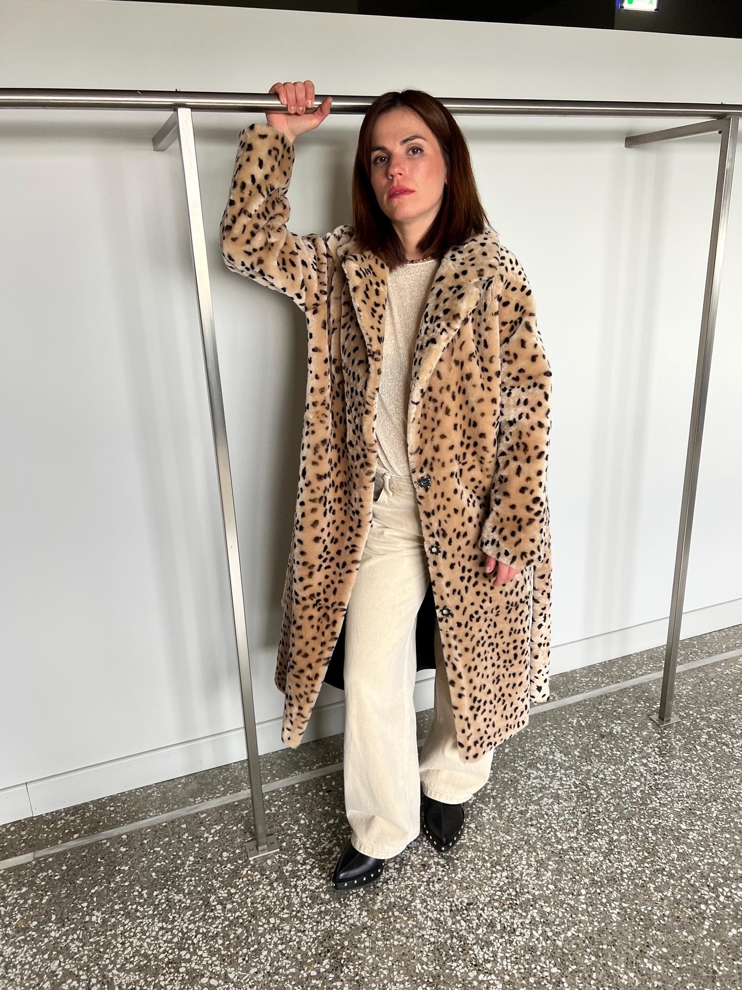 Handmade Merino Shearling Coat: Animal Stamp Fur Stroller, Brown Leather Wrap