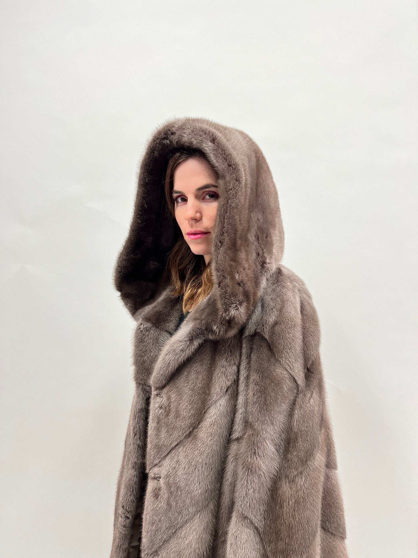 Cloud Mink Fur Hooded Coat: Warm Grey Diagonal Jacket