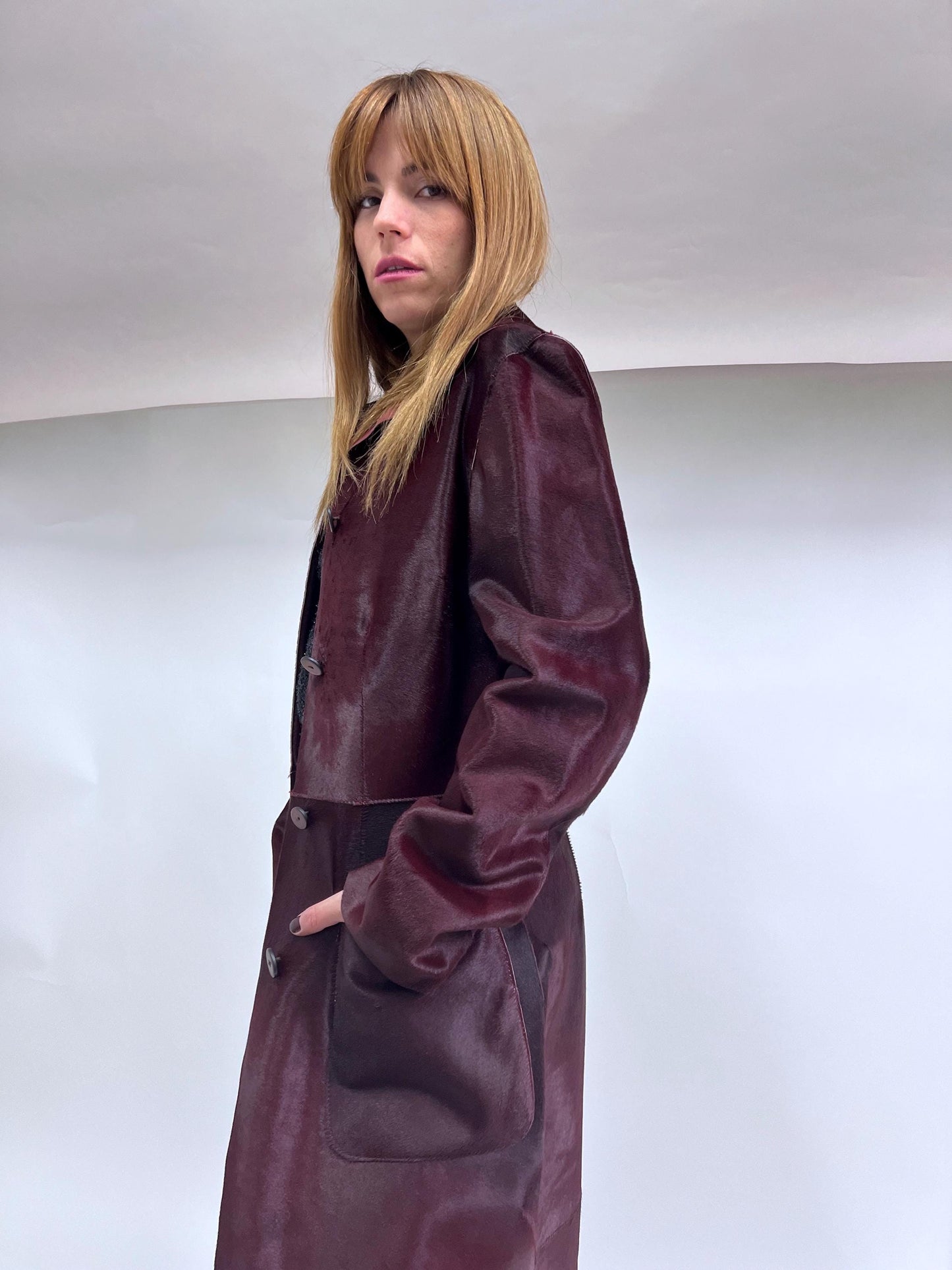 Burgundy Hair-On Leather Coat: Handmade Cavallino Calf Jacket