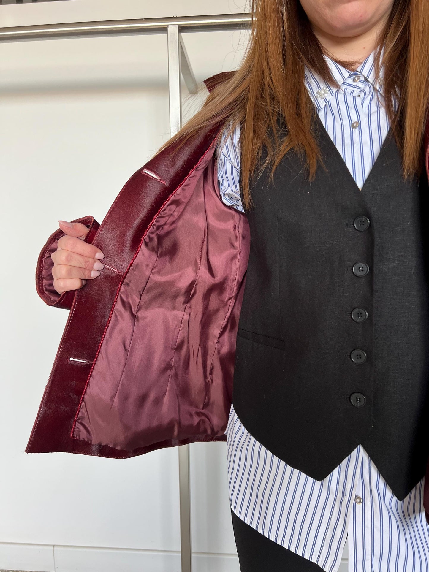 Genuine Cherry Leather Jacket: Hair-On Hide Calf Cavallino Coat