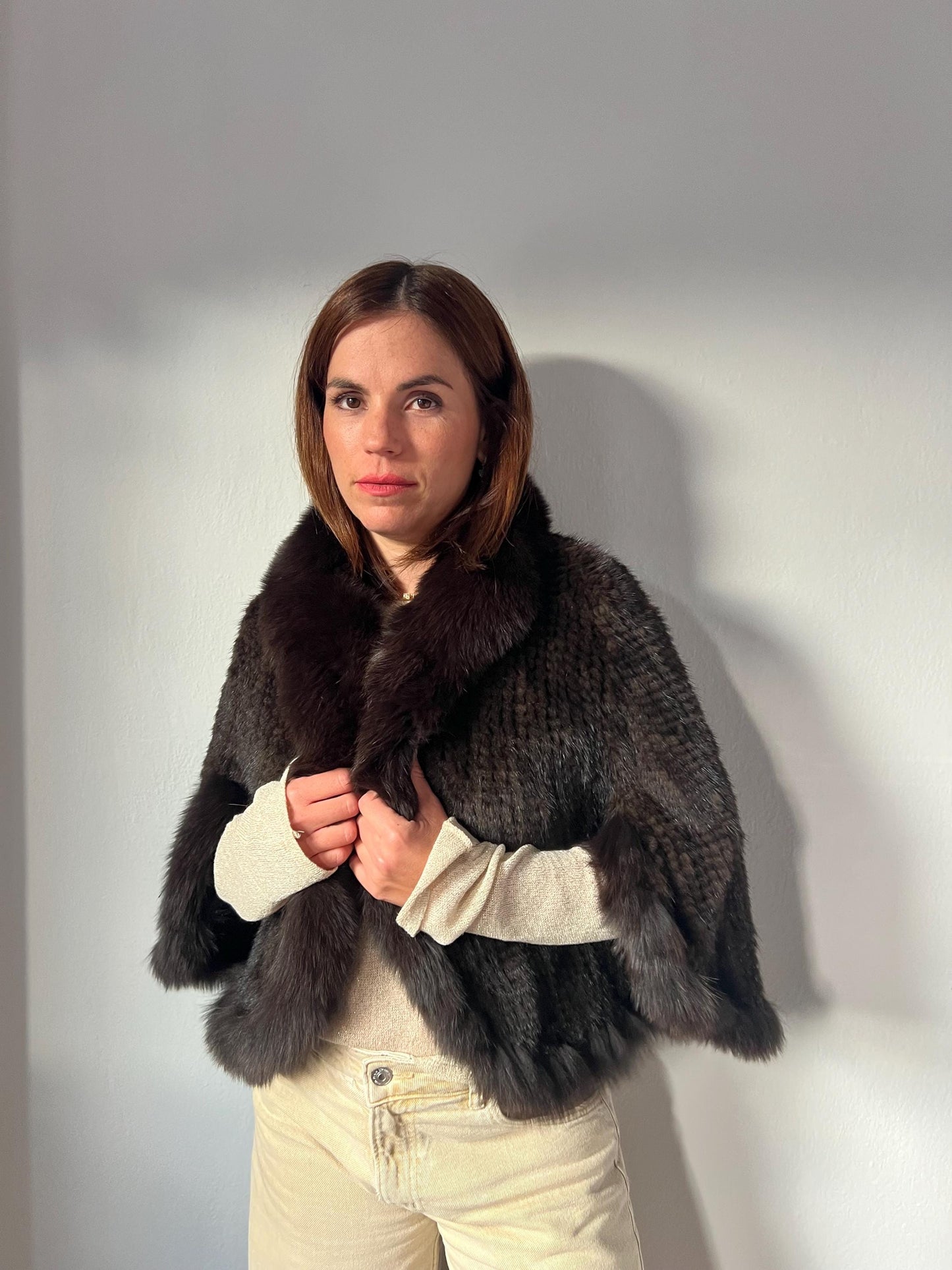 Handwoven Black Mink Fur Cape with Fox Trim - Made in Greece