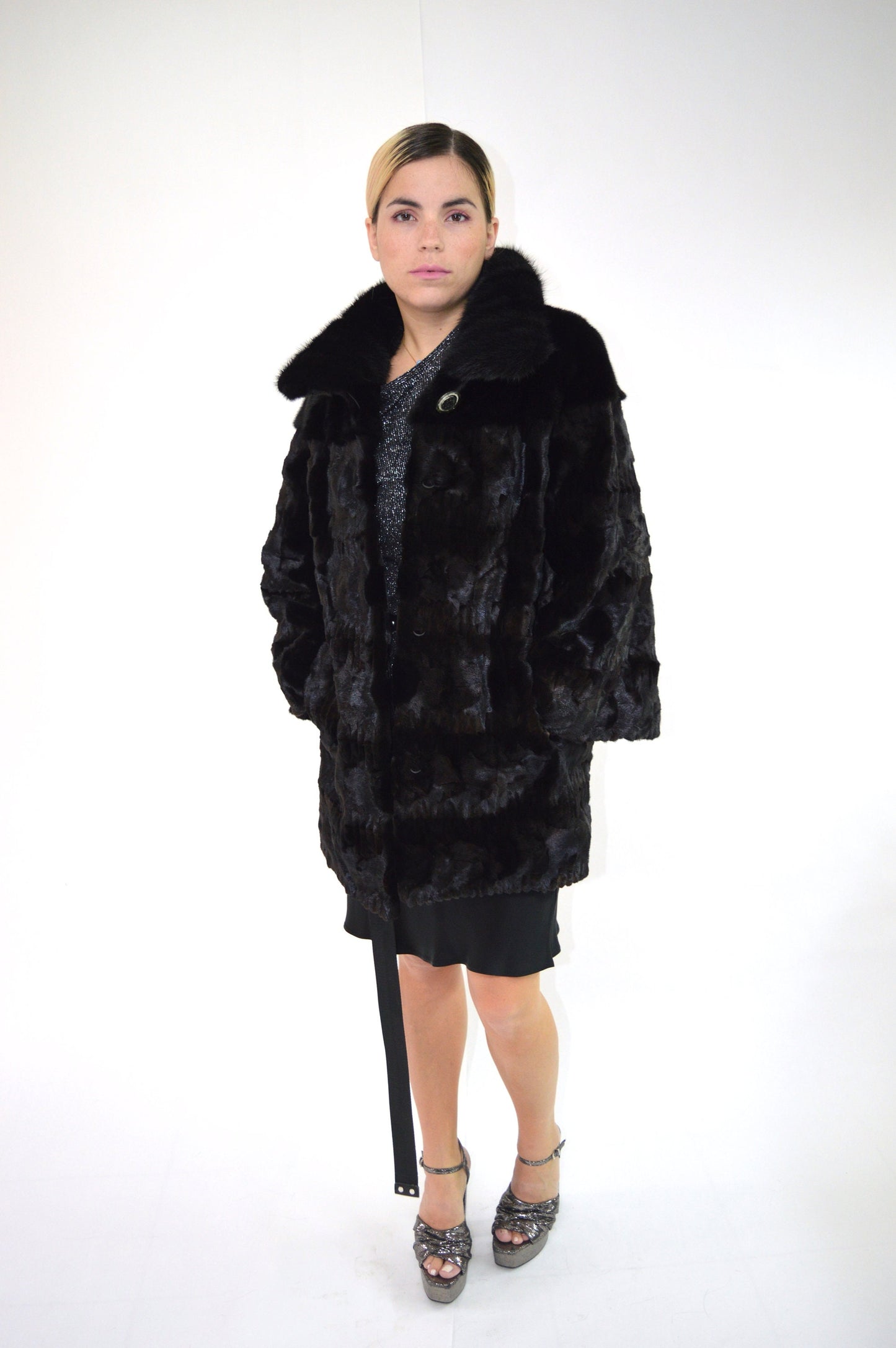 Black Mink Fur Jacket, Genuine Fur Pelt,with Collar