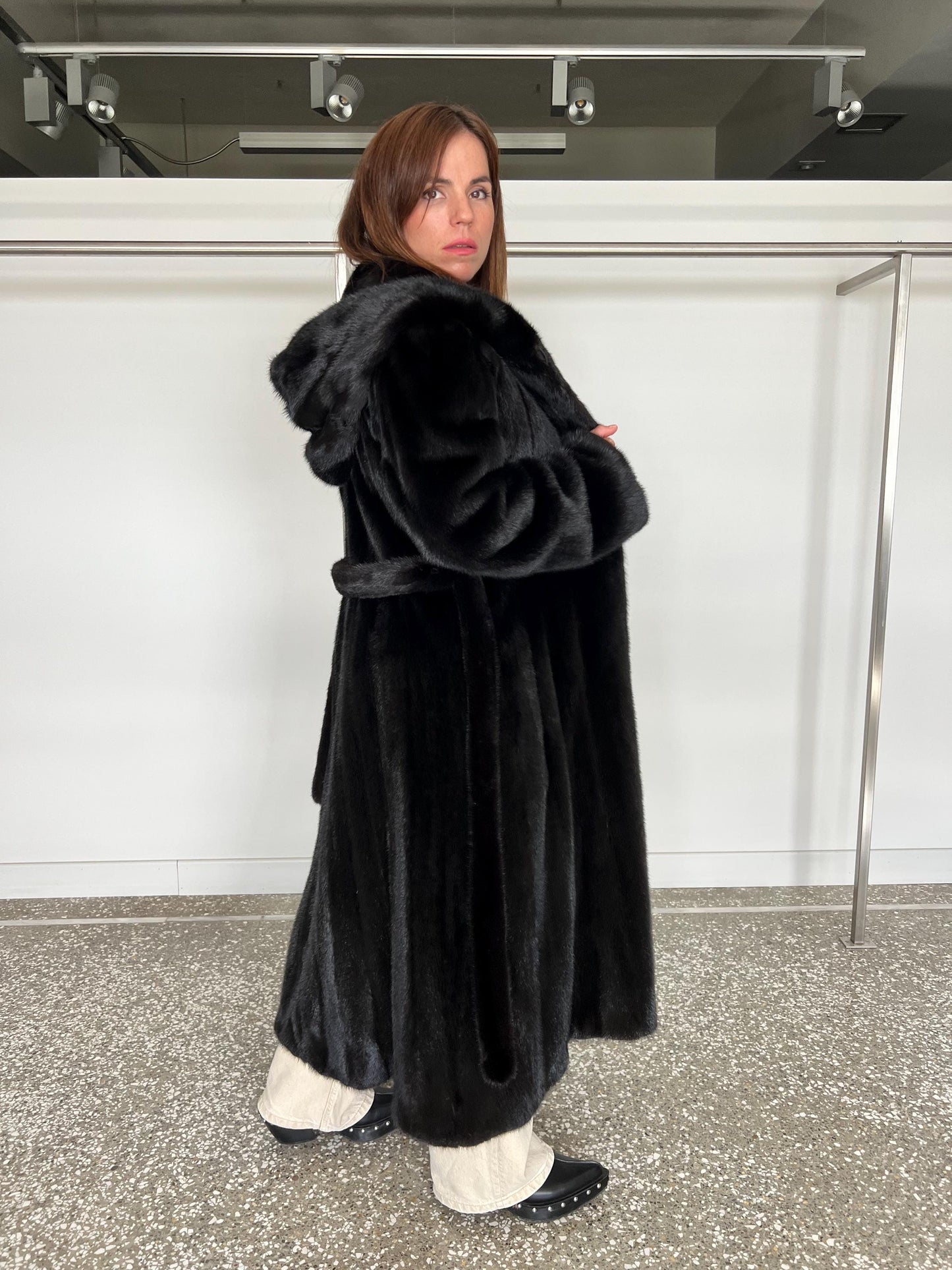 Handmade Black Mink Fur Coat: Hooded Godet Style, Belted