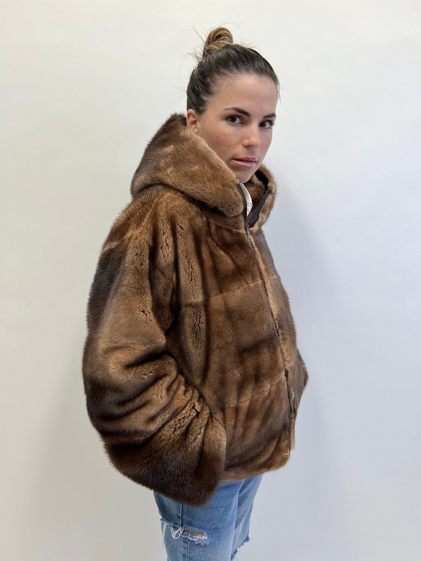 Saga Furs Mink Jacket: Tan Brown Degrade Fur, Hooded