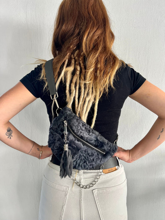 Graphite Lamb Fur Bumbag: Handmade Waist or Shoulder Bag