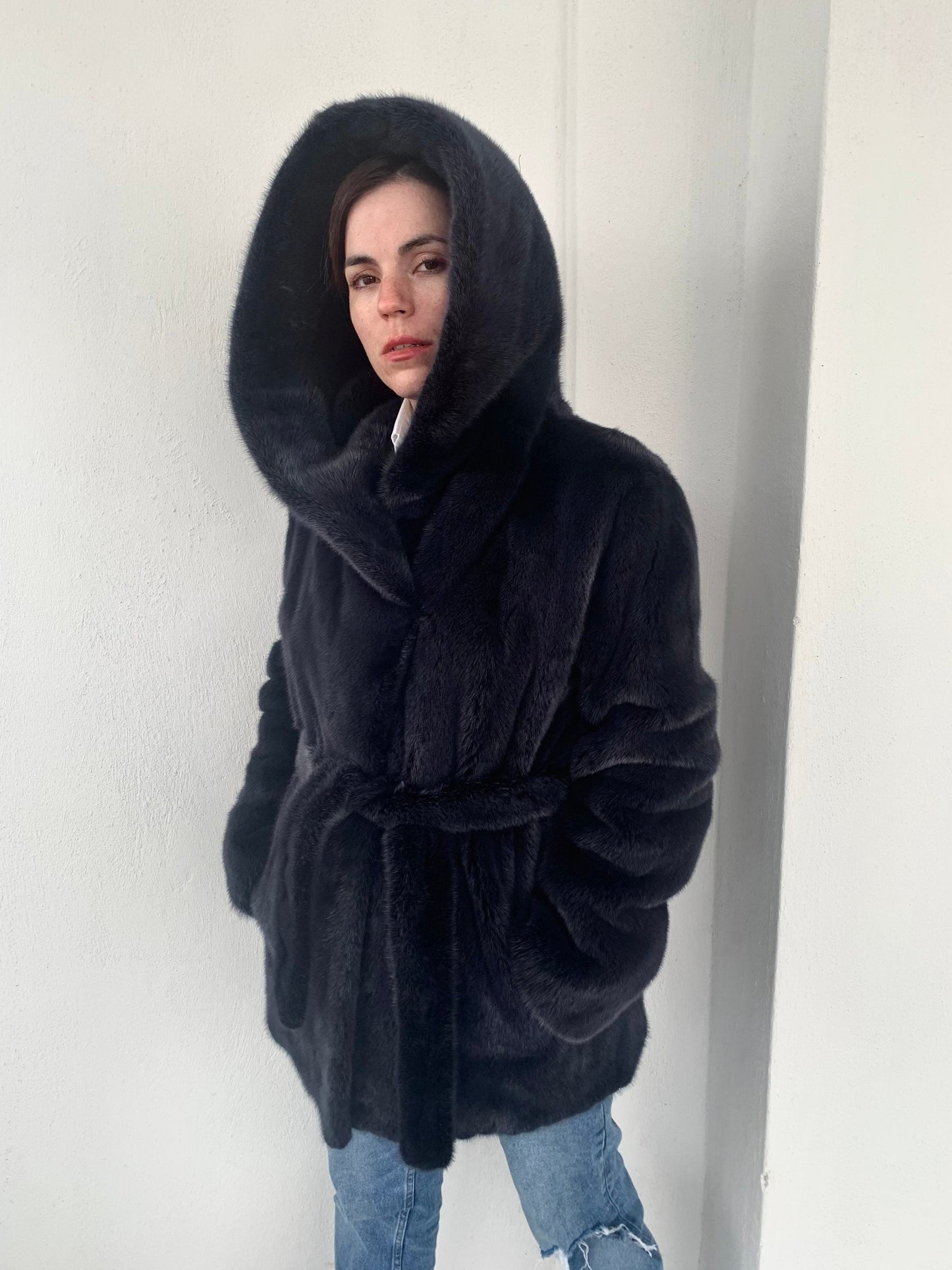 Denim Blue Mink Fur Stroller Coat: Hooded Belted Luxury