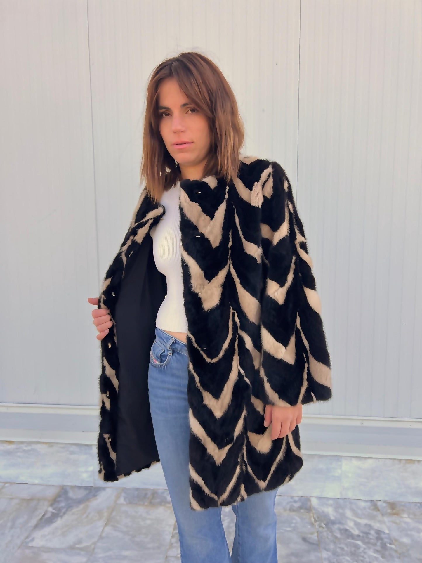 Intarsia Mink Fur Coat: Black and Beige Genuine Fur Jacket