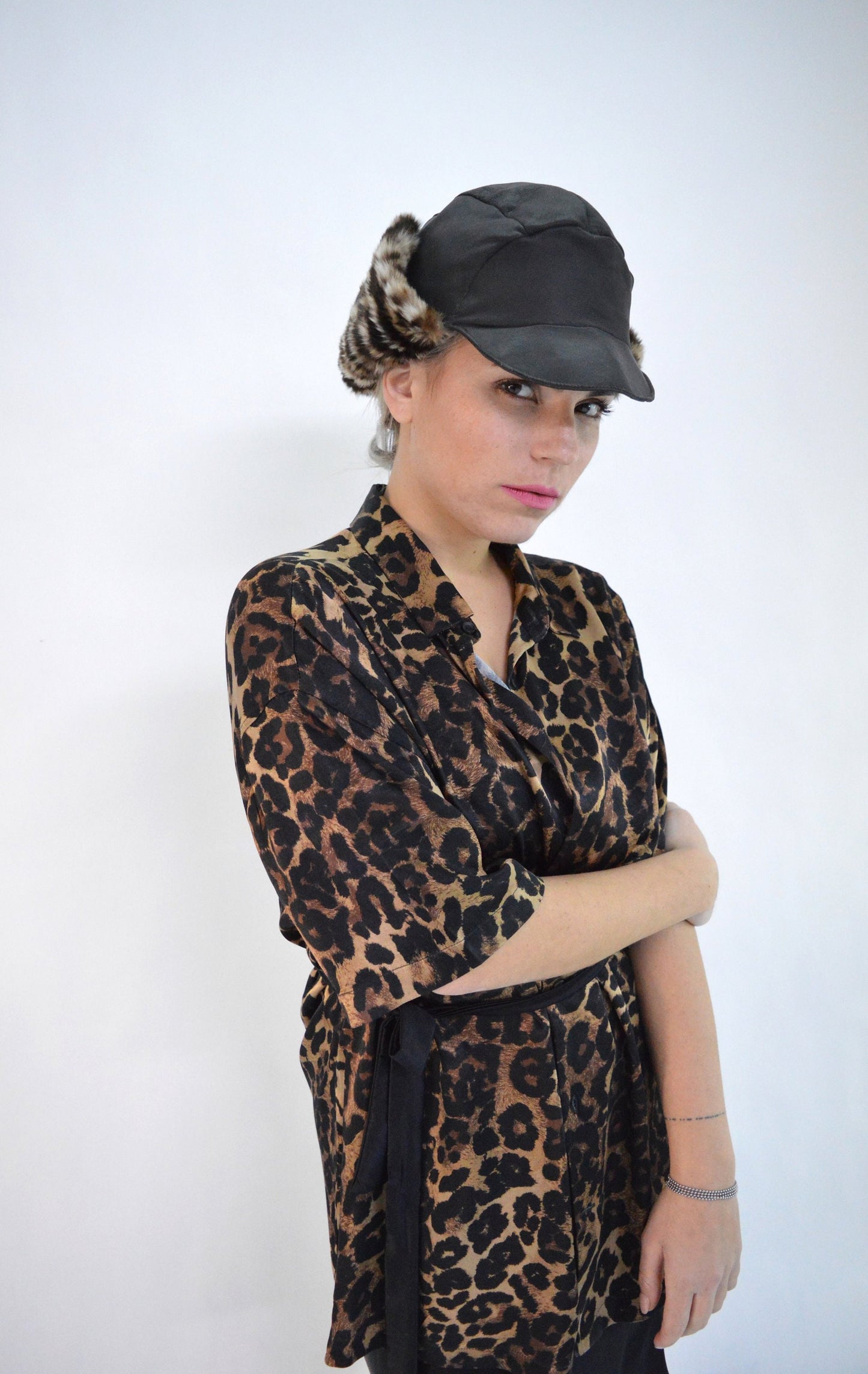Rabbit Fur Trapper Hat, Black Leather, Leopard Print Ushanka
