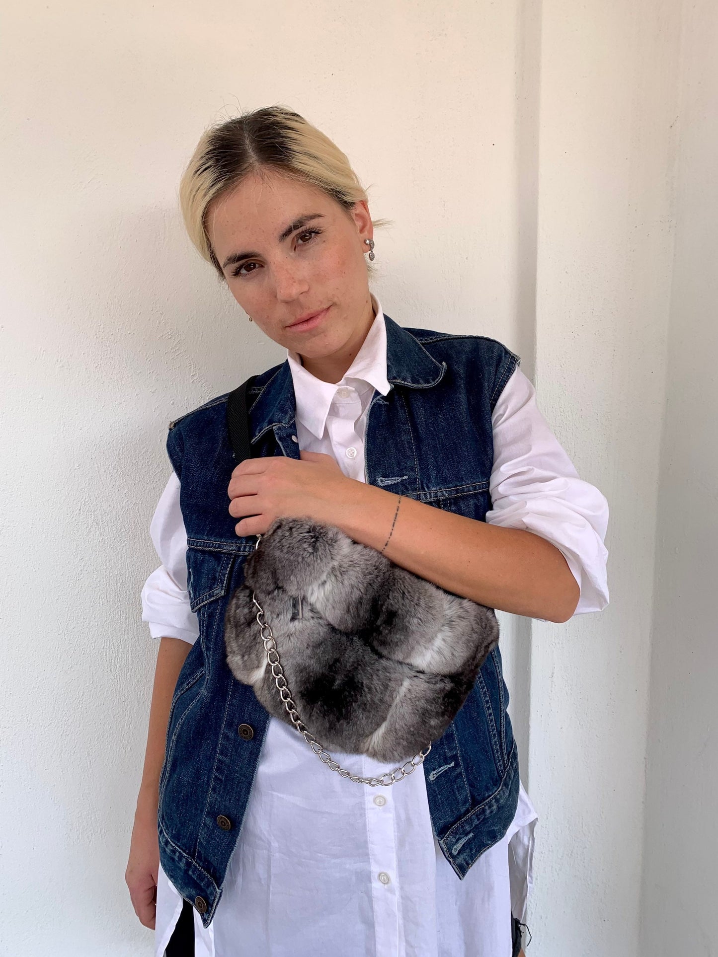 Real Rabbit Fur Bumbag: White Fanny Pack with Chain