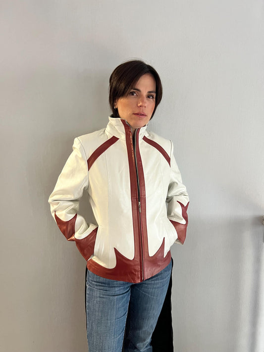 Handmade Lambskin Leather Jacket: Cream White Nappa with Bordeaux Details (XS)