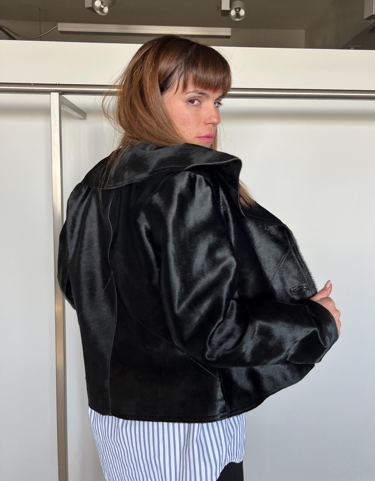Genuine Hair-On Leather Jacket: Black Calf Fur Coat, Handmade in Greece