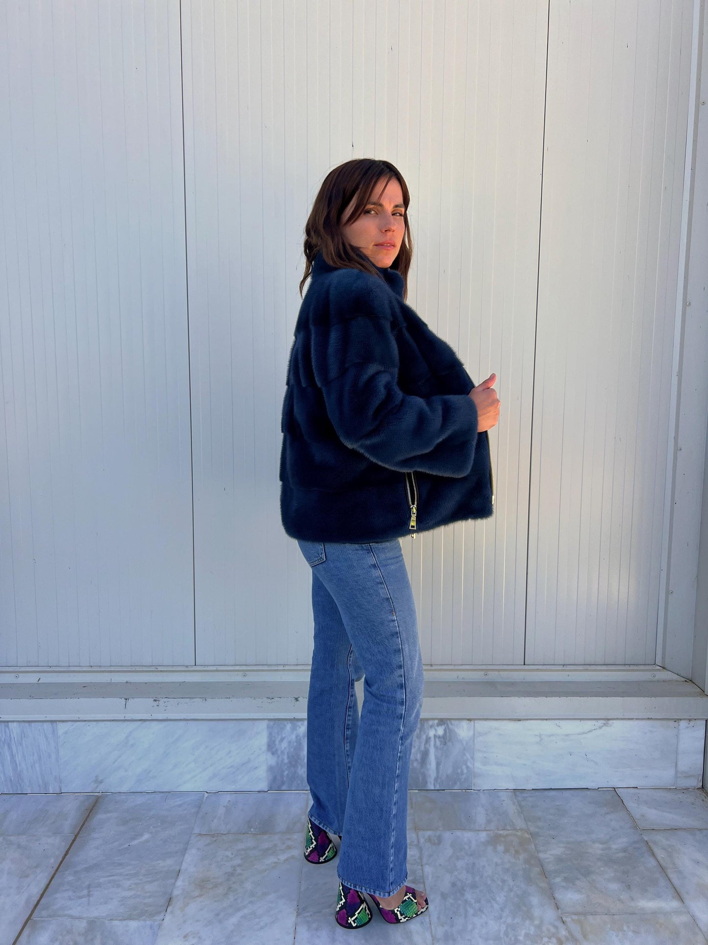 Handmade denim Blue Mink Fur Jacket: Velvet Blazer with Stand Up Collar