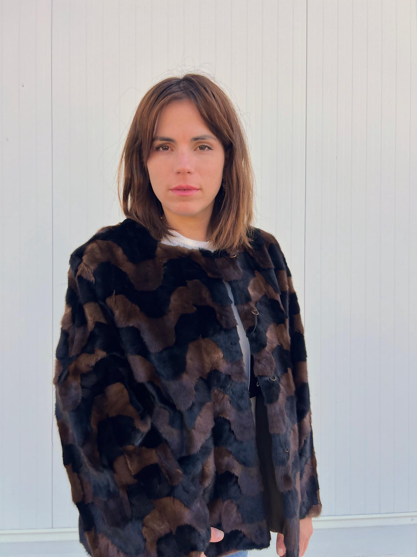 Sheared Mink Fur Jacket: Brown & Black Intarsia Design, Hagen Closure