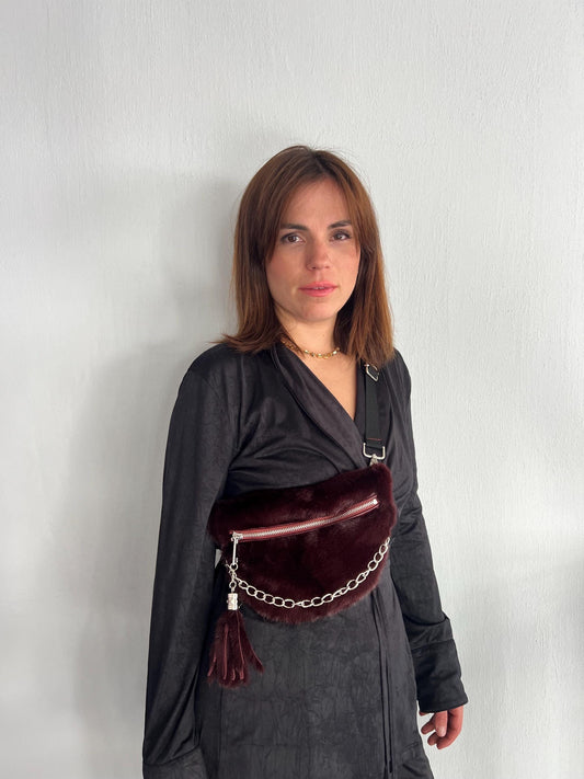Burgundy Mink Fur Bumbag with Chain, Luxury Fanny Bag