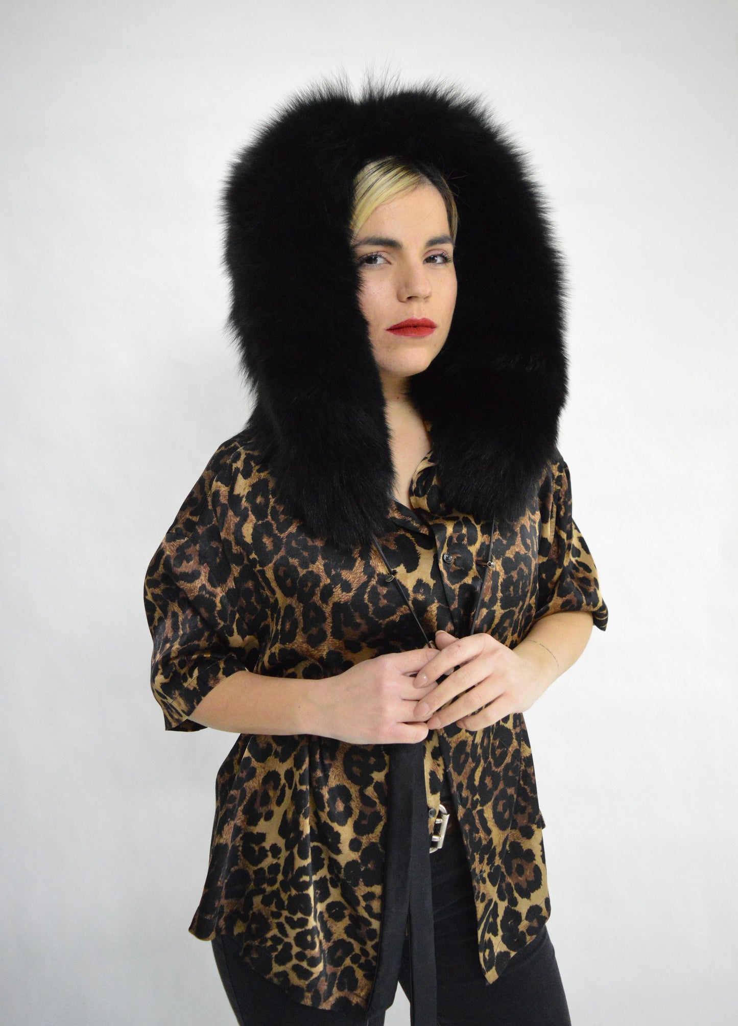 Black Fox Fur Hood: Fluffy Winter Hood with Drawstring