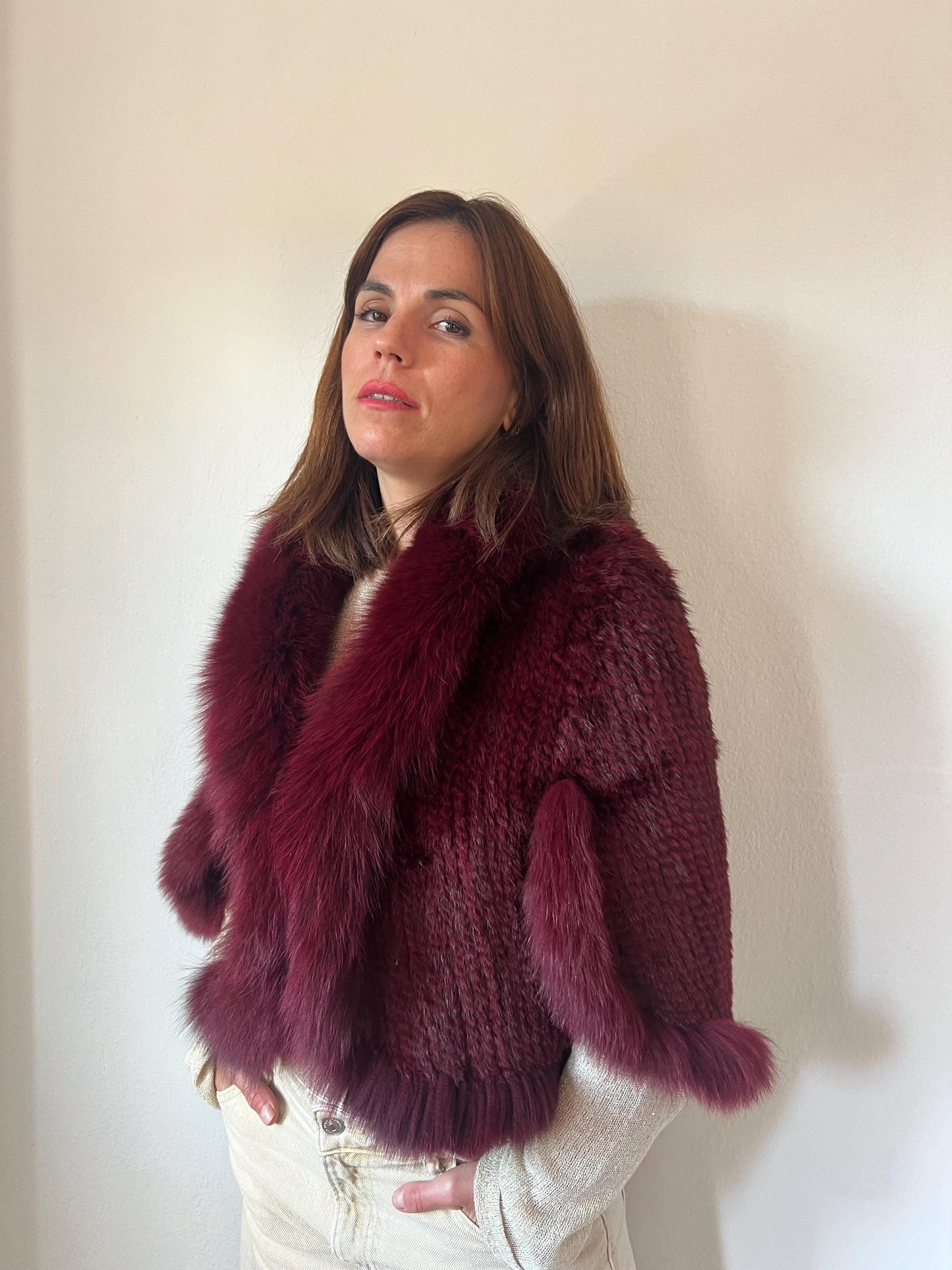 Bordeaux Mink Fur Cape: Handwoven Jacket with Fox Trim