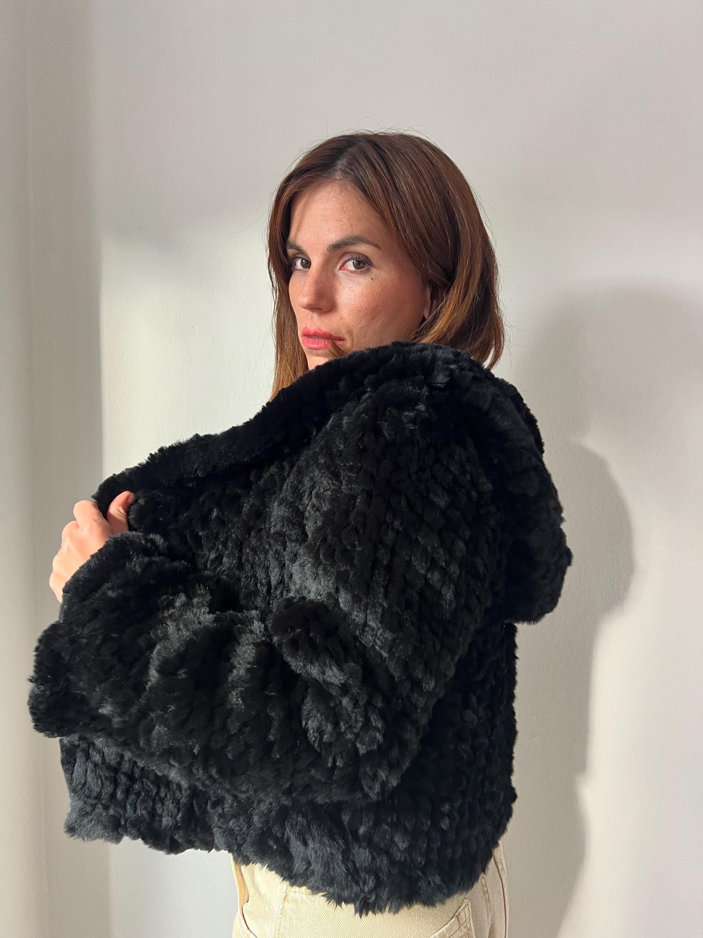 Handwoven Black Rabbit Fur Hooded Jacket - Frog Closure