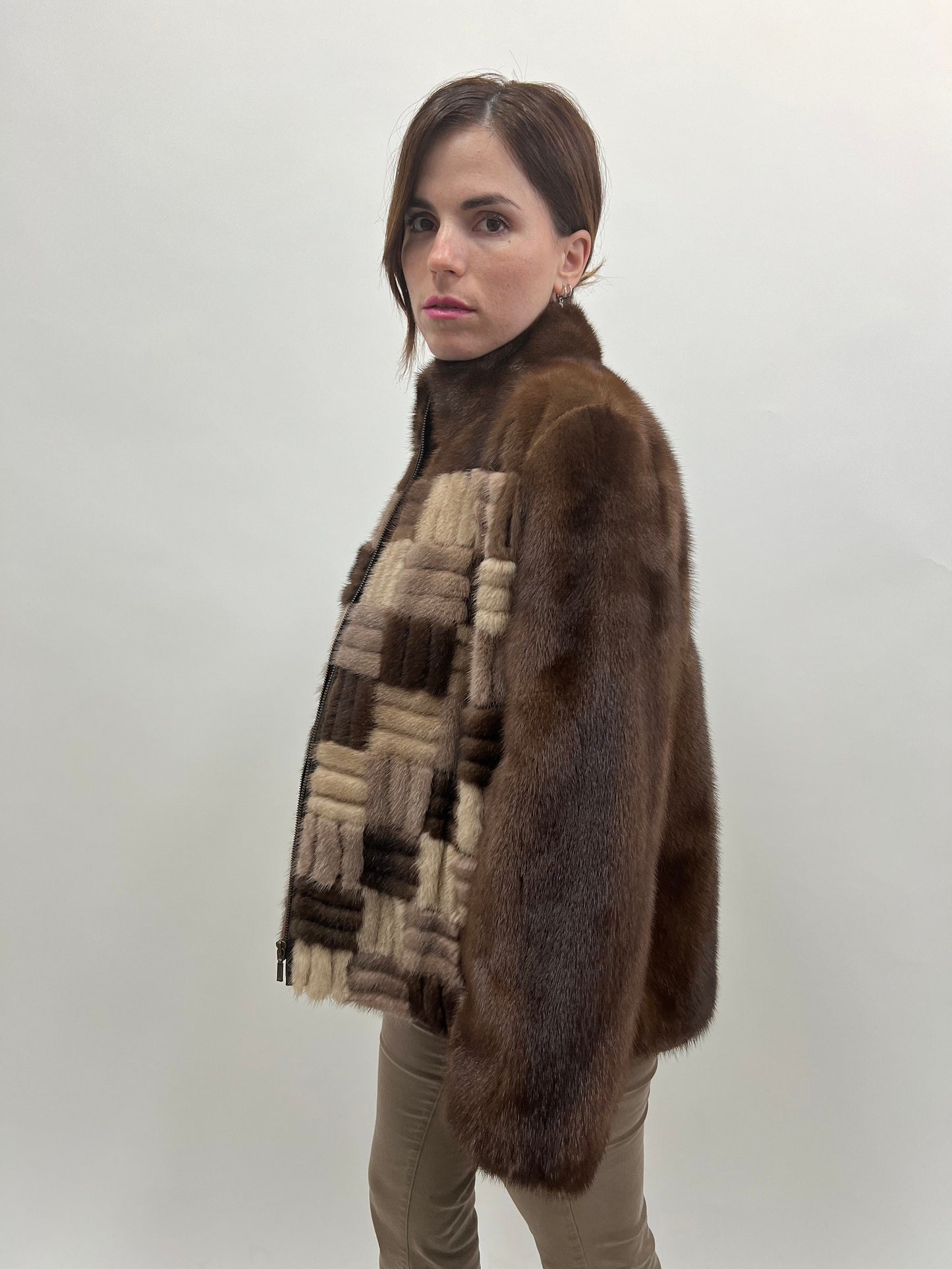 Intarsia Brown Mink Fur Jacket: Lightweight Zip Coat, Saga Fur