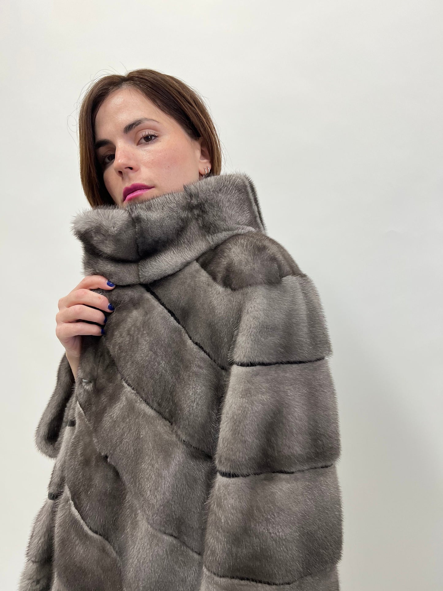 Blue Iris Mink Fur Coat with Sheared Black Stripes
