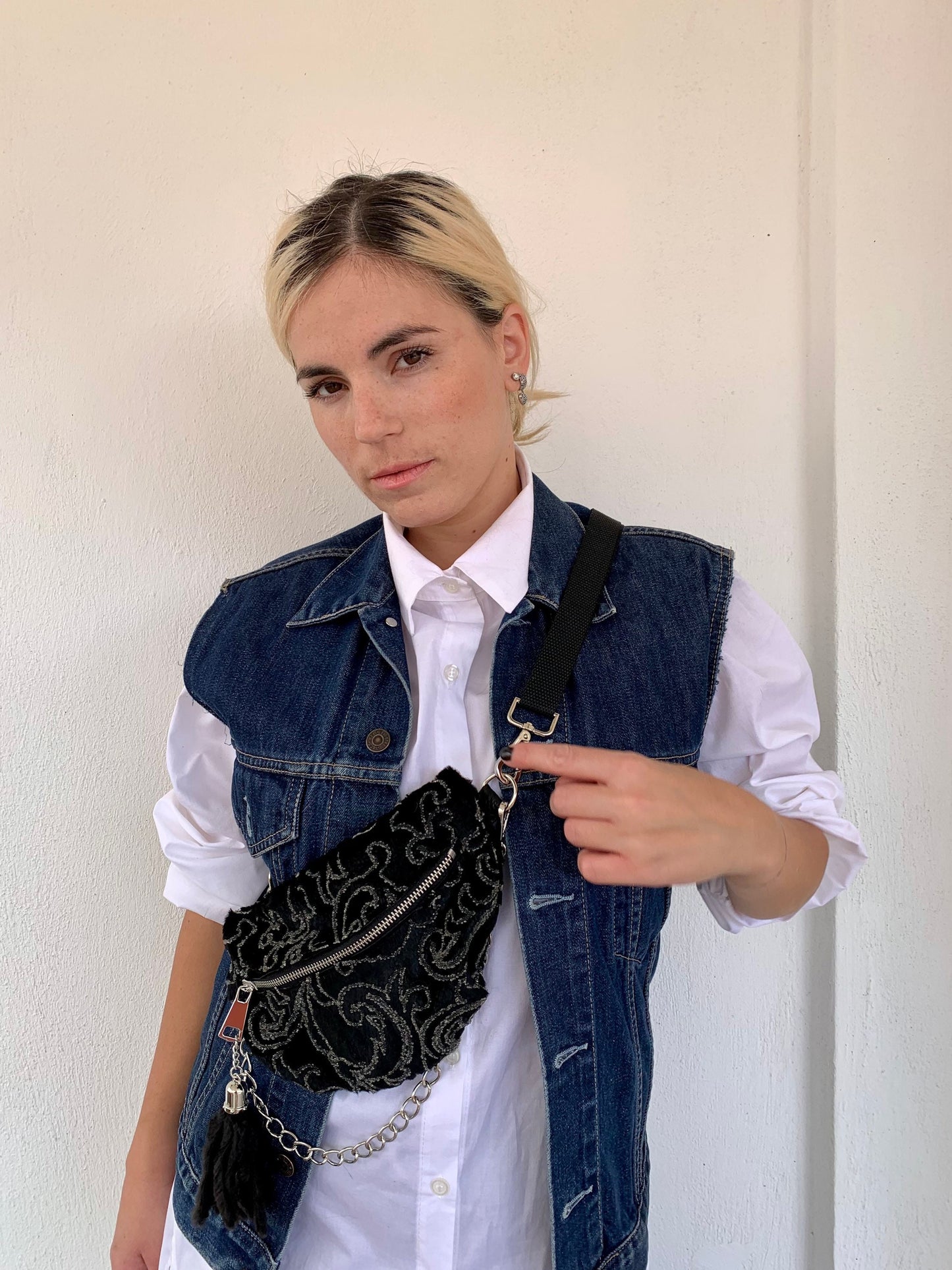 Mink Fur Bumbag with Chain & Tassel: Embroidered Rabbit Fur Fanny Pack
