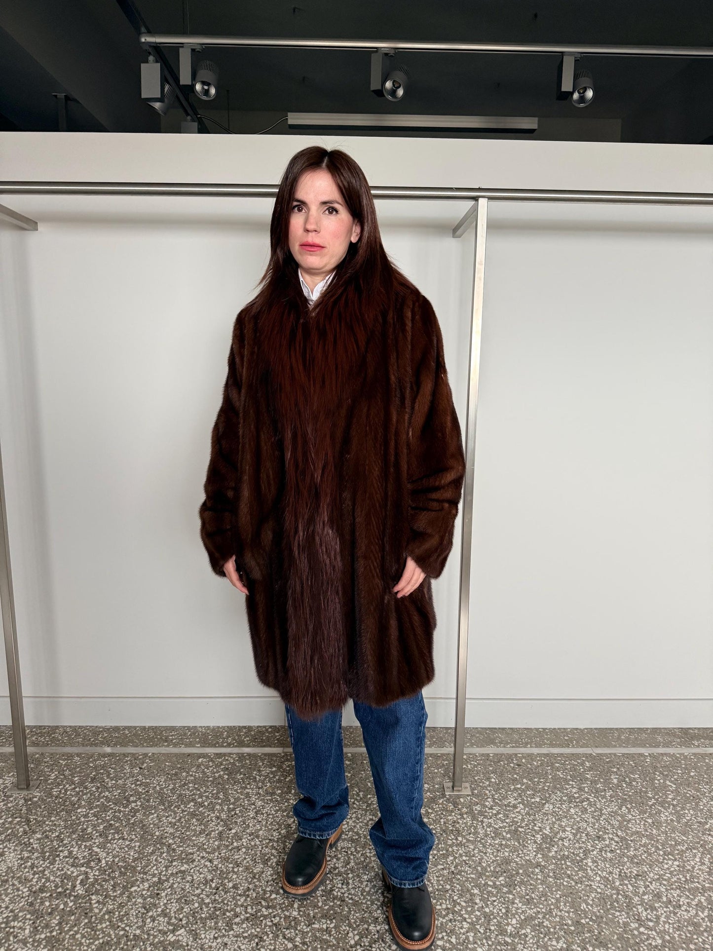 Oversized Demi Buff Mink Fur Coat with Fox Trim: Pastel Whisky Stroller, Handmade Greece