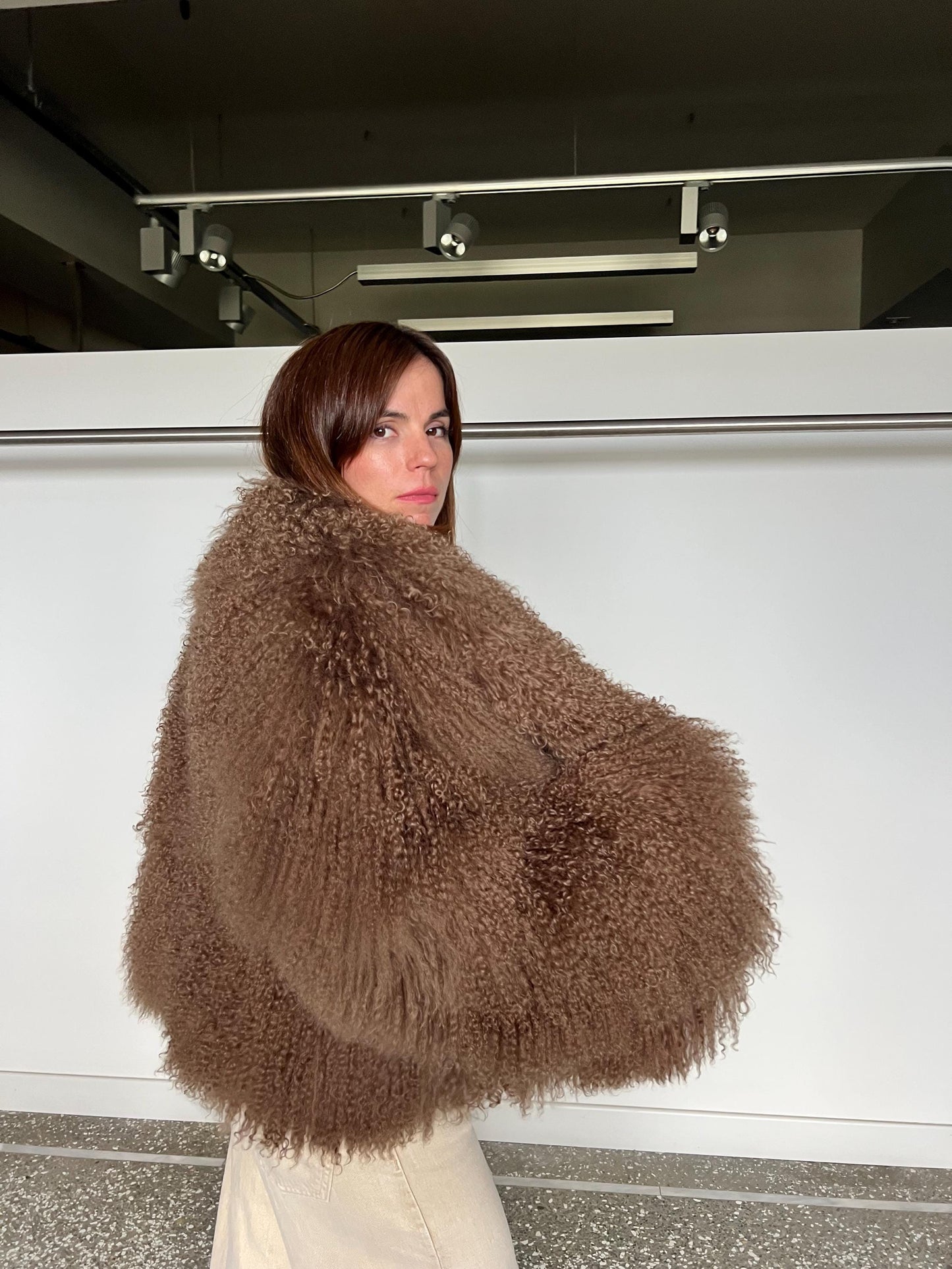 Handmade Chocolate Mongolian Lamb Fur Jacket - Pastel Brown Clip Closure