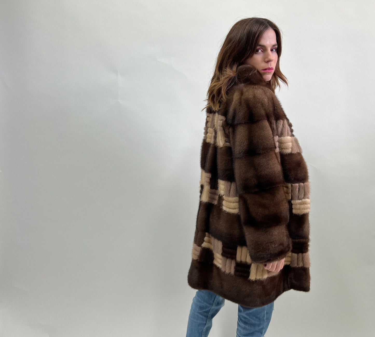 Intarsia Brown Mink Fur Coat - Saga Lightweight Zip-Up - Size Large