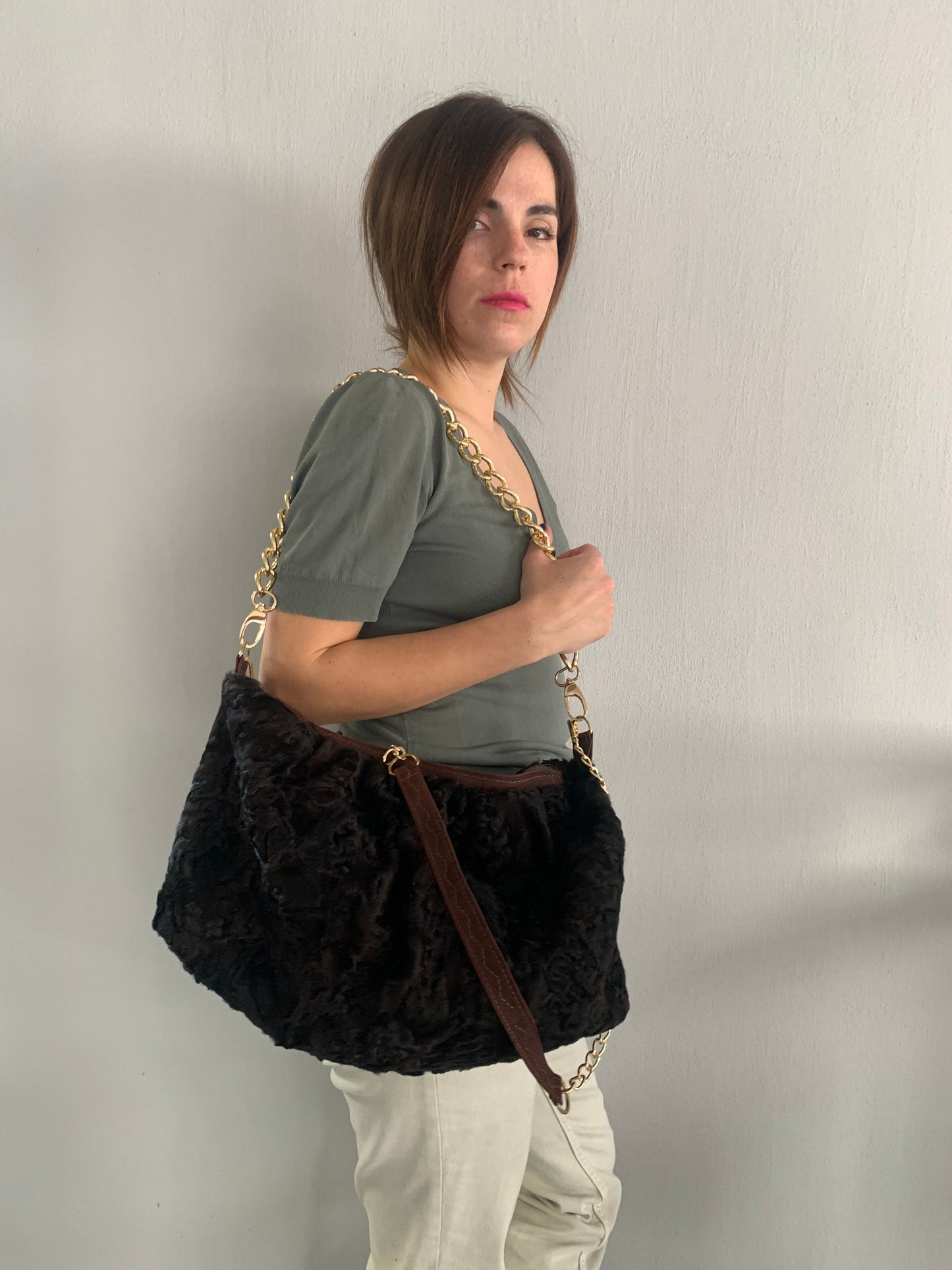 Lamb Fur Slouchy Shoulder Bag: Brown Cloud Pouch with Bronze Straps