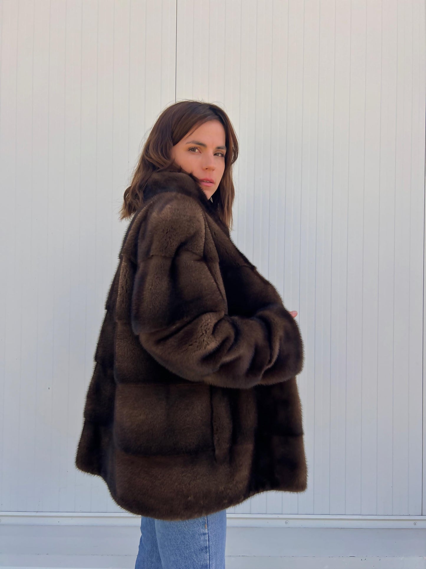 Real Mink Fur Velvet Collared Jacket - Demi Buff Brown, Small/Medium/Large