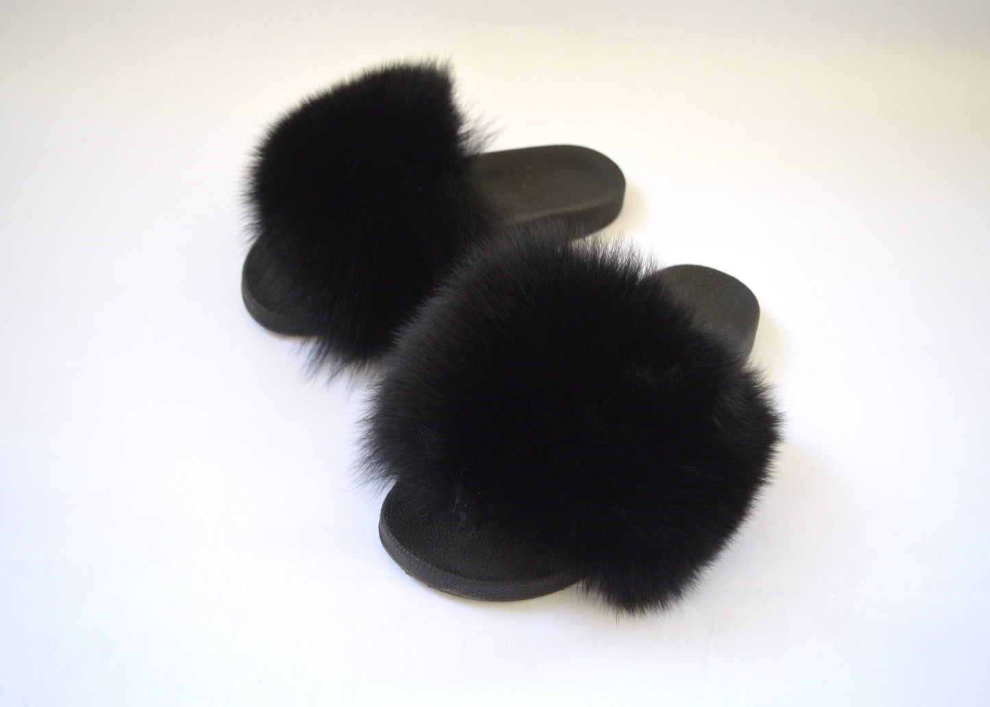 Black Fox Fur Slides: Genuine Fur Slippers with PVC Sole