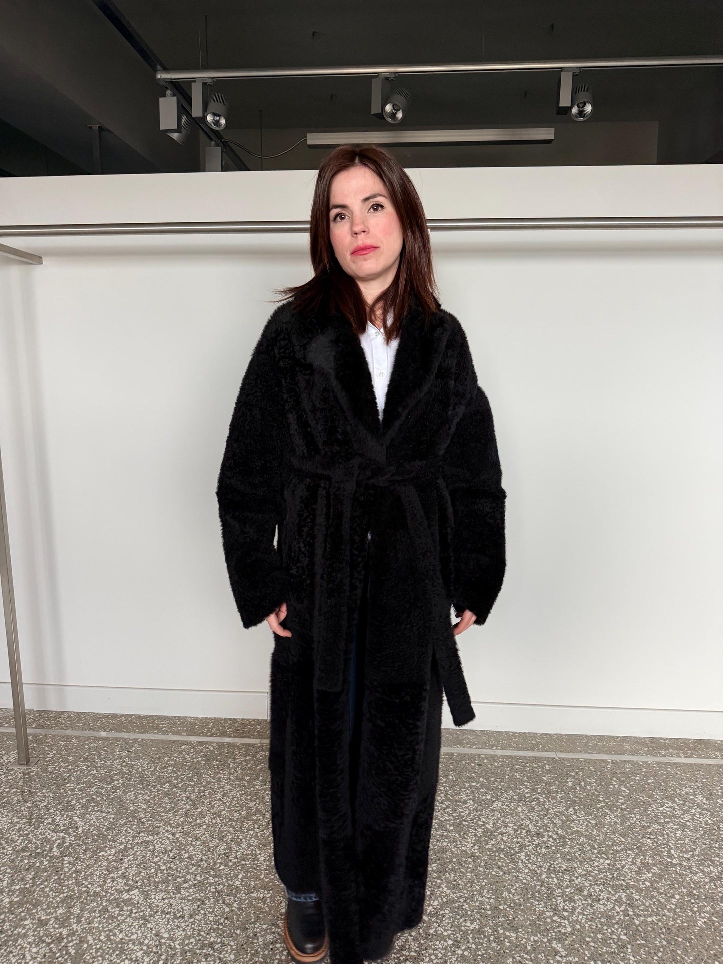 Handmade Black Shearling Fur Jacket:Long super warm Sheepskin Coat