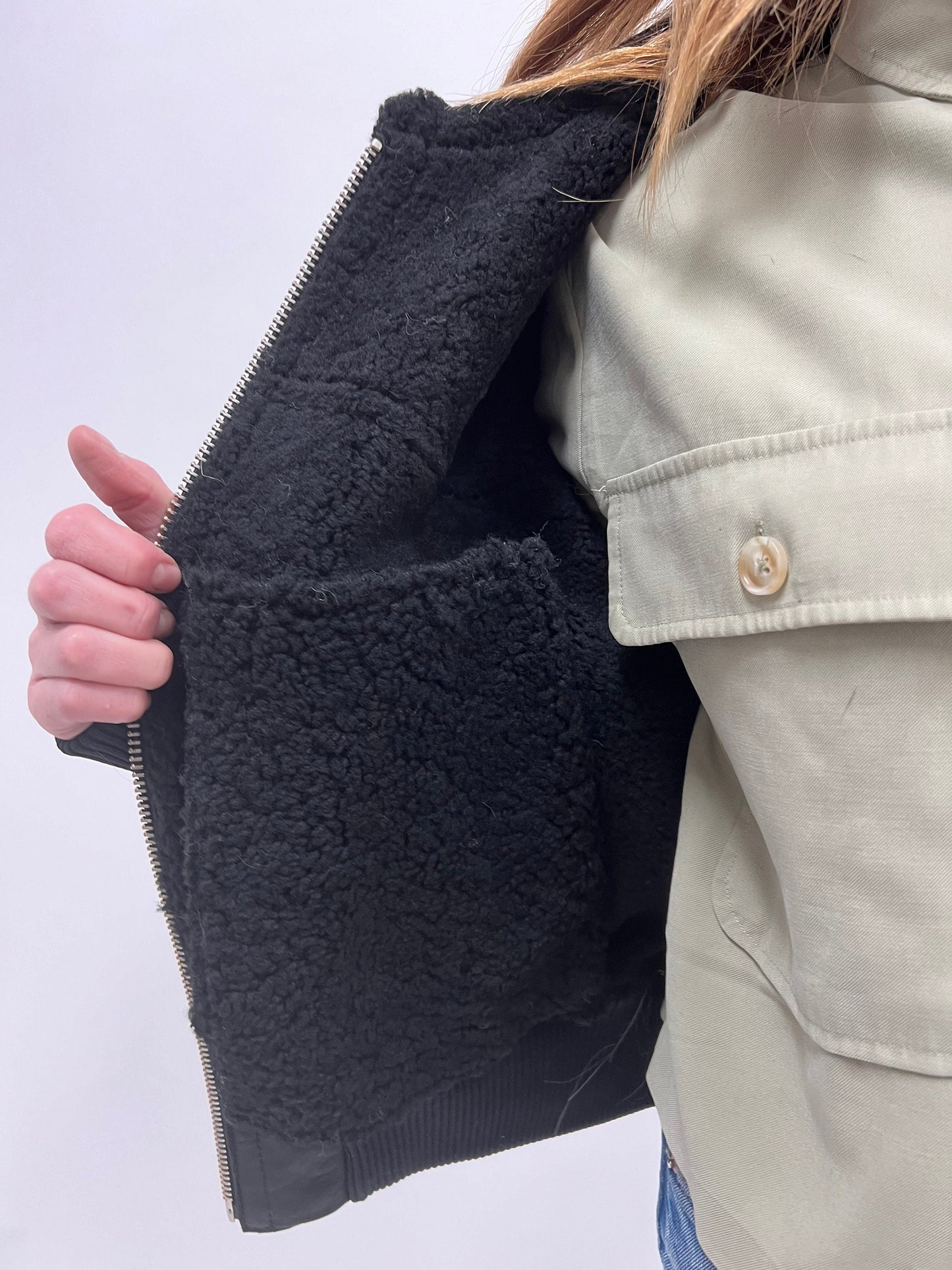 Black Shearling Fur Bomber Jacket: Nappa Leather Trim, Handmade in Greece