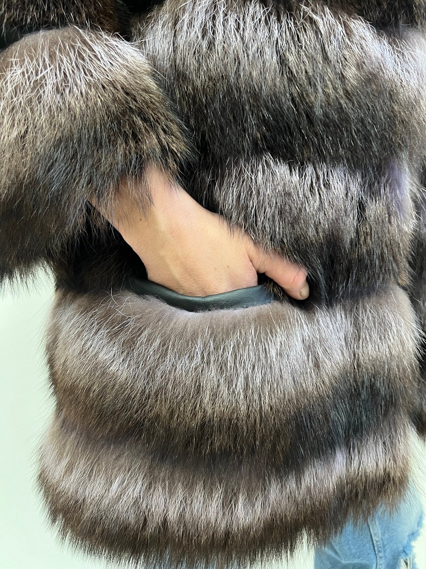 Genuine Raccoon Fur Jacket: Brown Levante Leather Trim Collar
