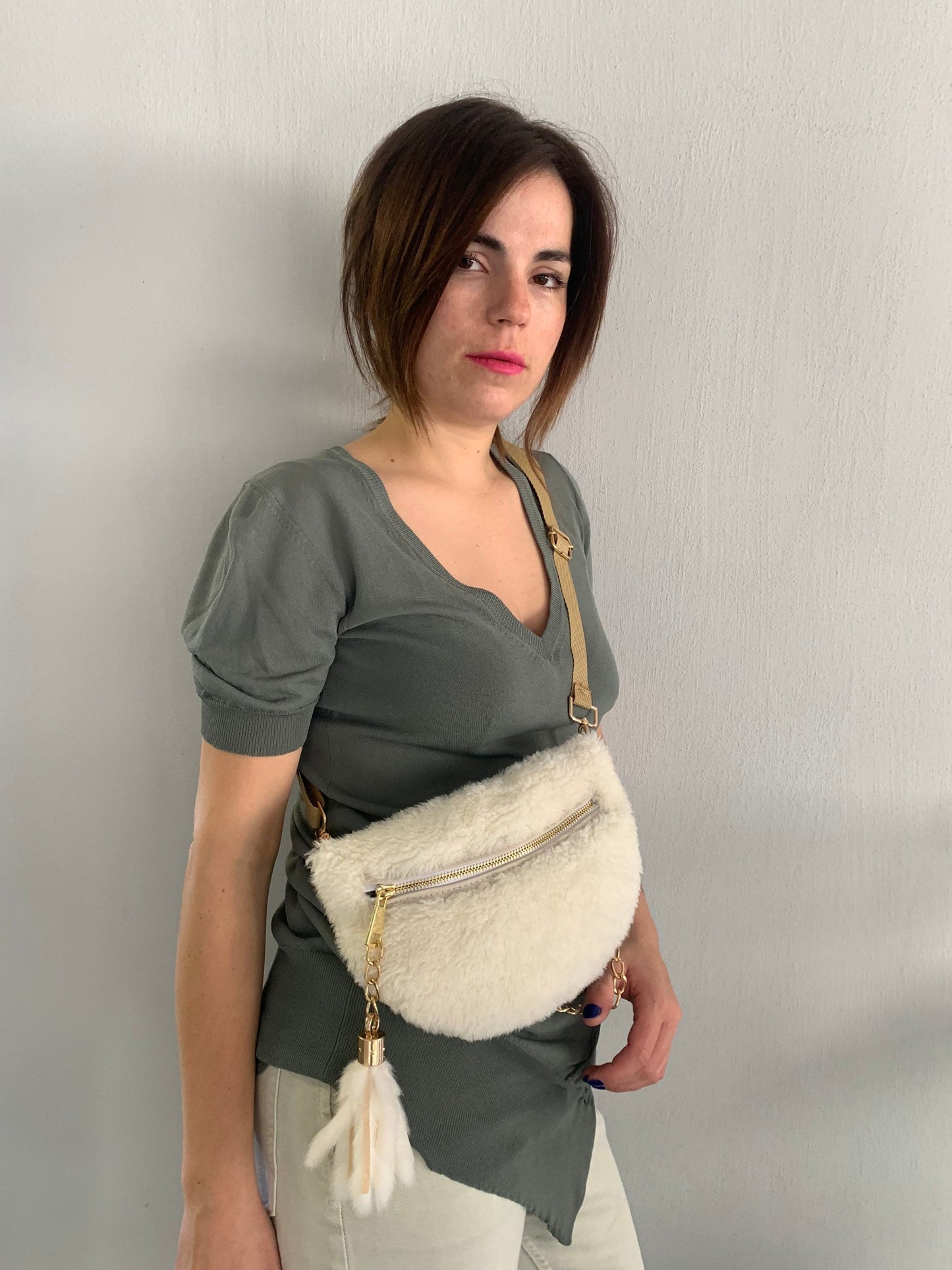 White Sheepskin Fur Bumbag: Multi-Wearable Shearling Fanny Bag