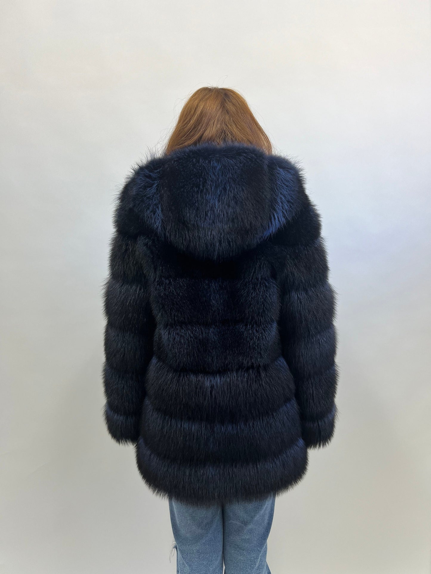 Genuine Blue Raccoon Fur Hooded Jacket: Leather Trim, Size Small