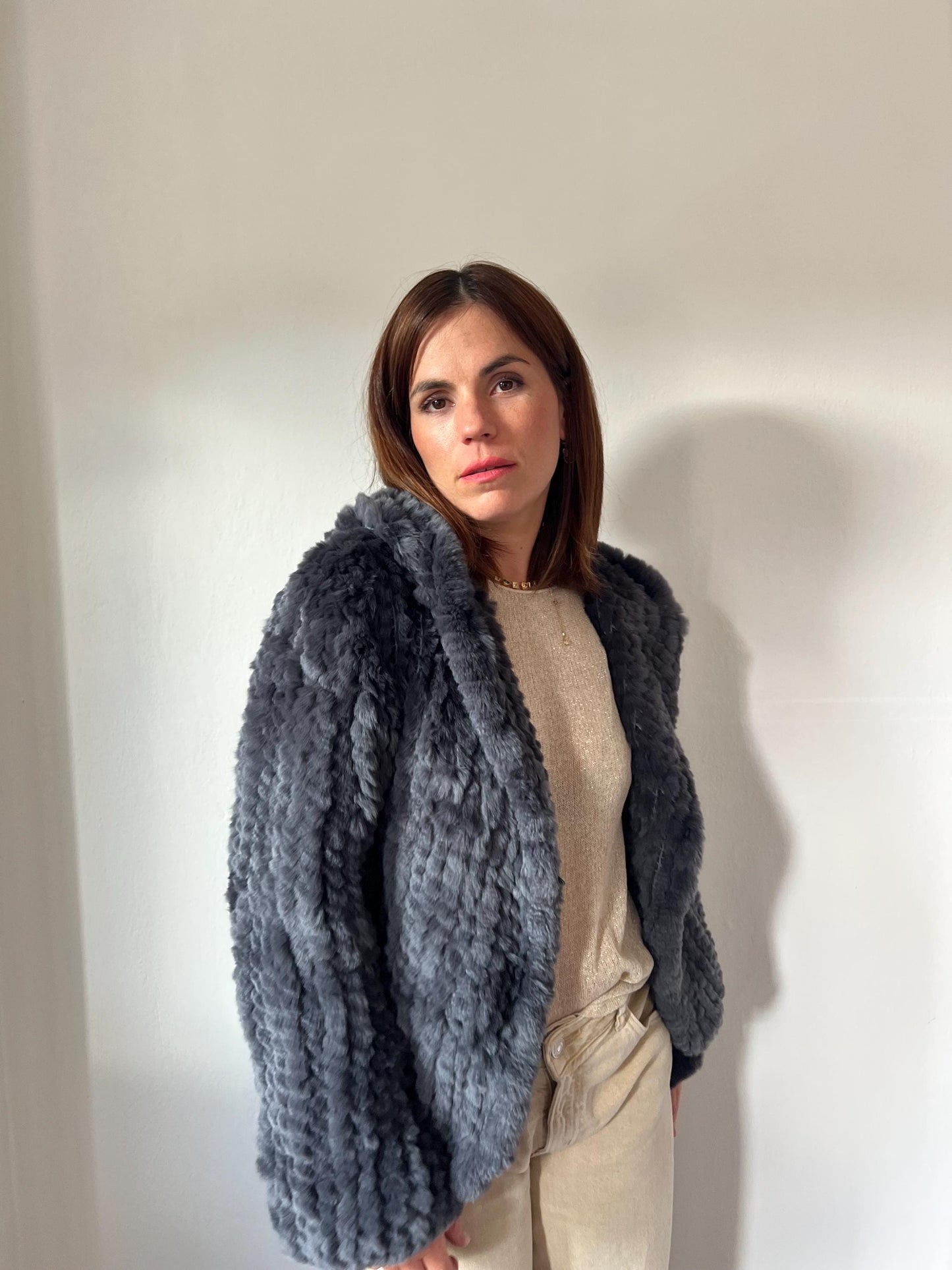 Handwoven Rabbit Fur Hooded Jacket - Dark Grey Lightweight Coat