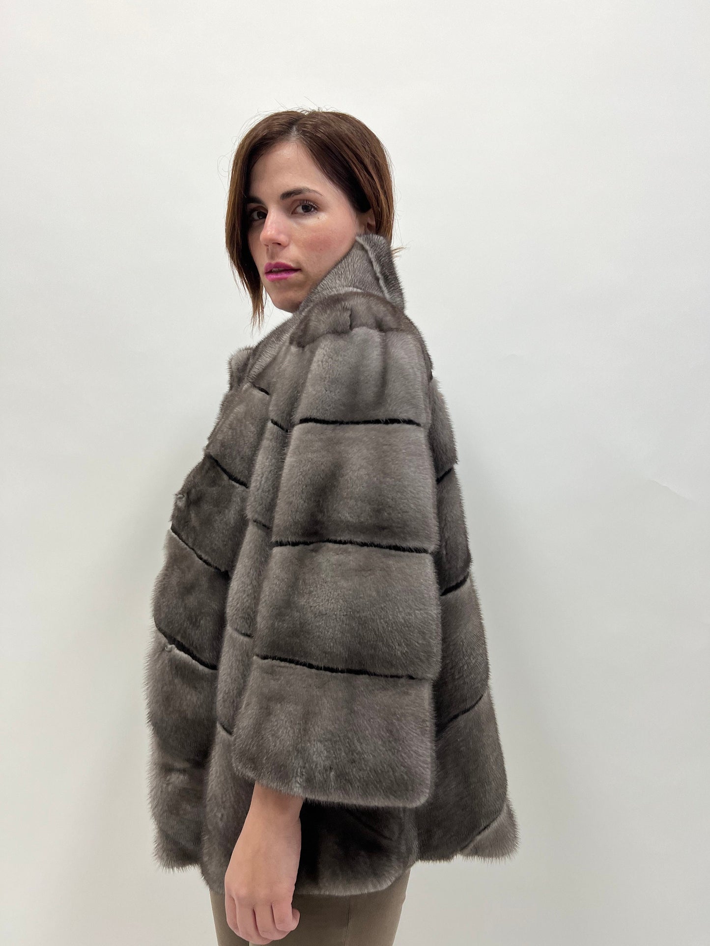 Blue Iris Mink Fur Coat with Sheared Black Stripes