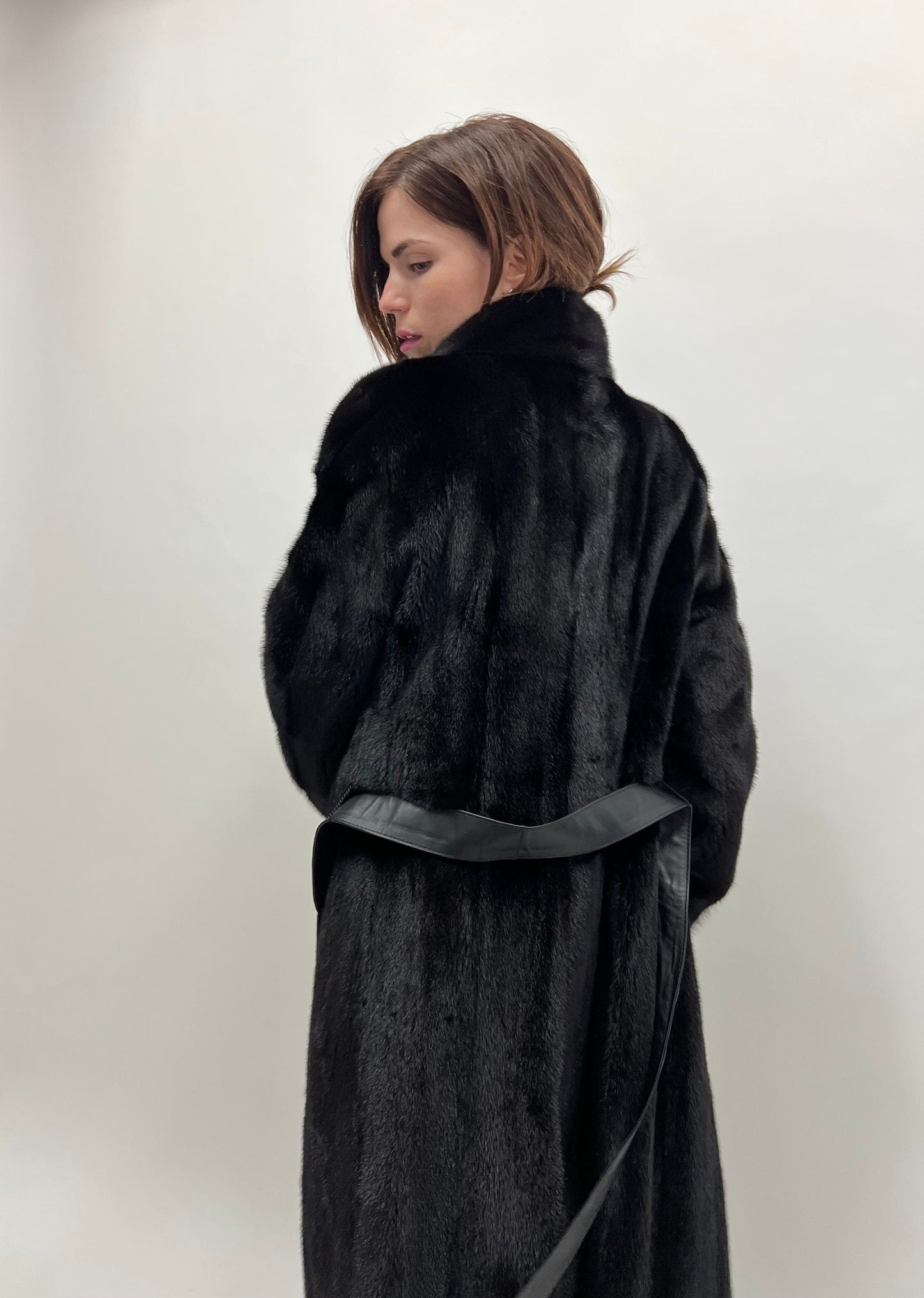 Black Velvet Mink Fur Coat: Nafa Leather Belt, Handmade in Greece