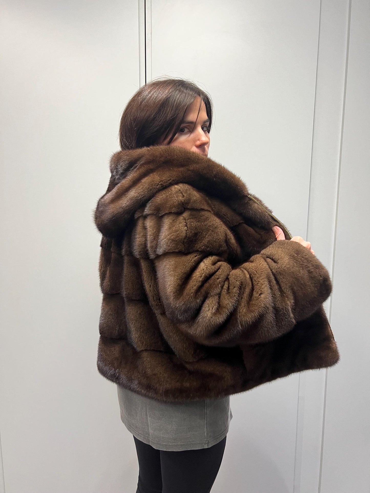 Brown hooded Mink Fur Jacket: Handmade Saga Mink Coat