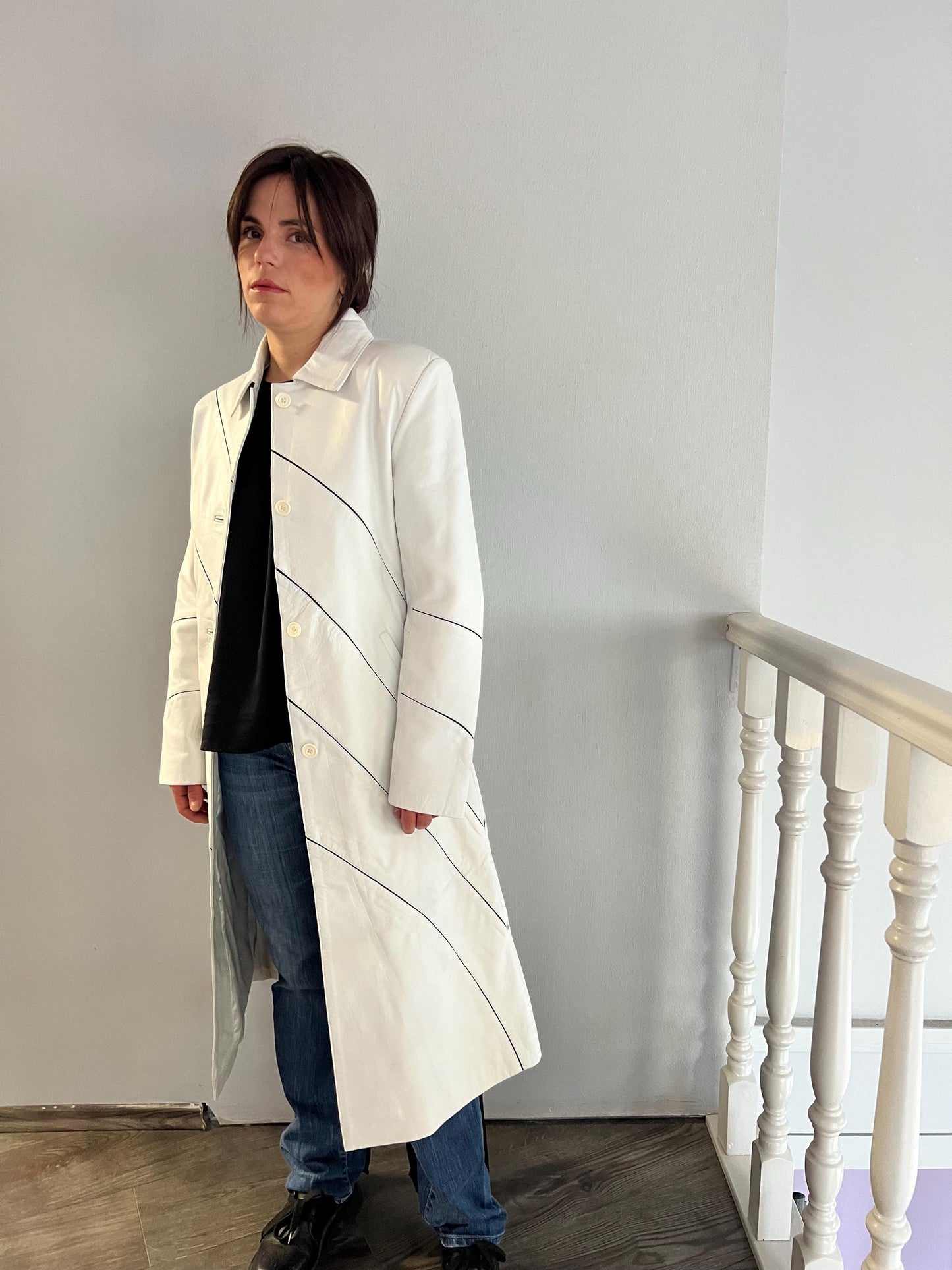 Handmade Nappa Lambskin Leather Coat: White Fitted Silhouette, Made in Greece