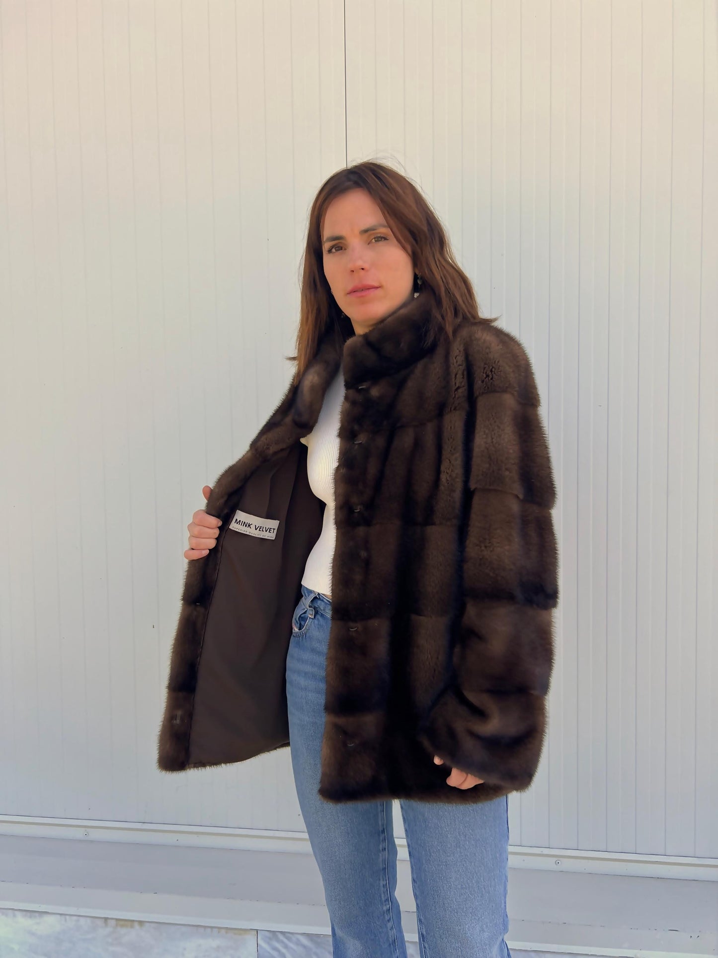Real Mink Fur Velvet Collared Jacket - Demi Buff Brown, Small/Medium/Large