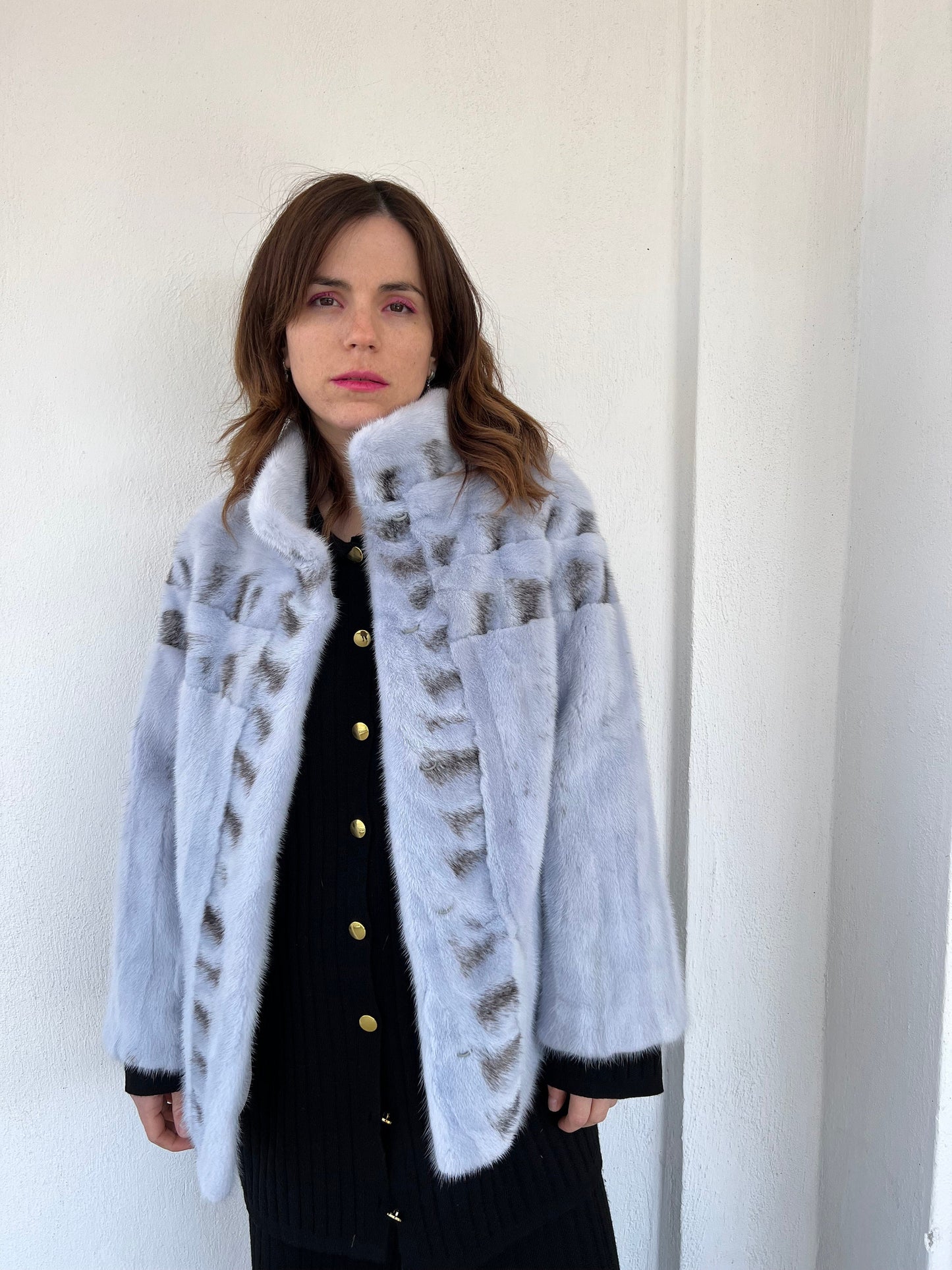 Baby Blue Mink Fur Jacket: High Collar artisanal fur - Handmade in Greece.